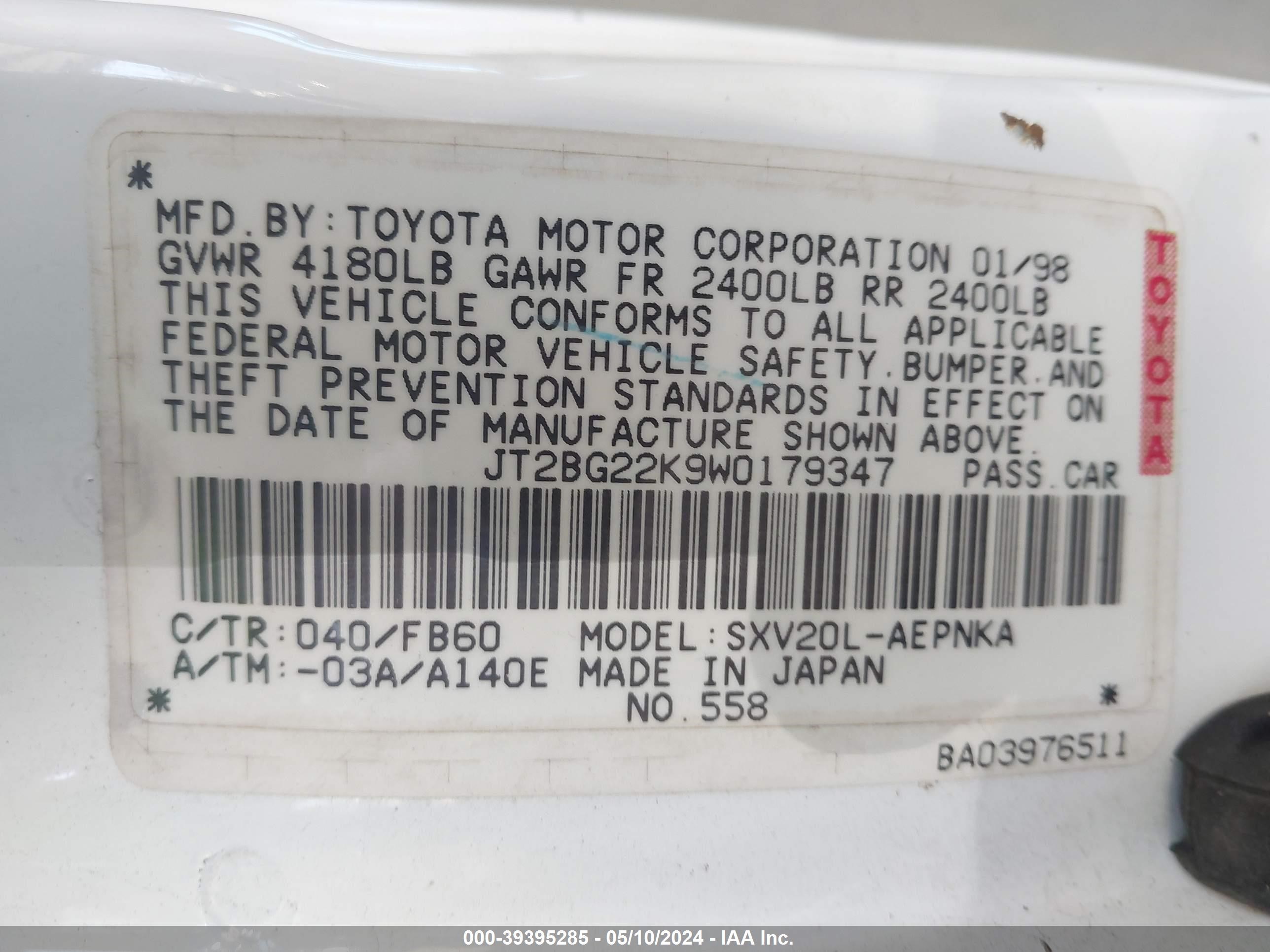 Photo 8 VIN: JT2BG22K9W0179347 - TOYOTA CAMRY 