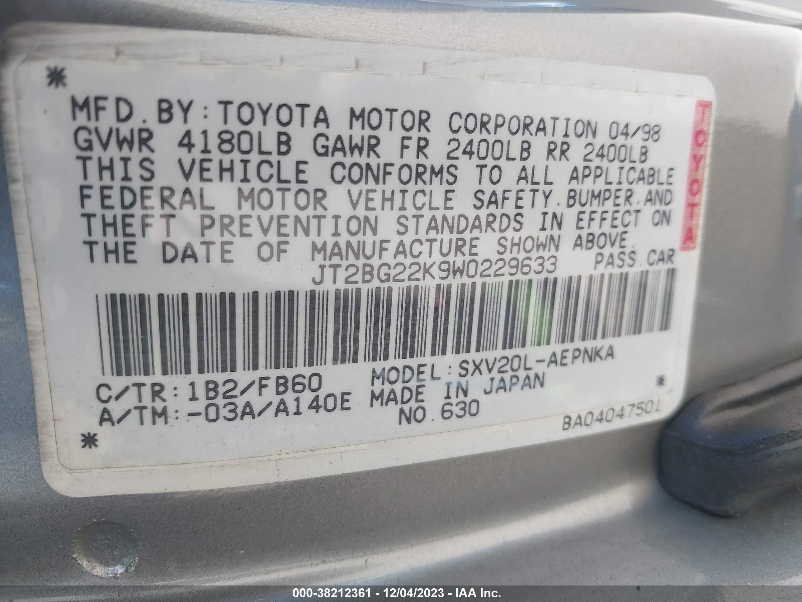 Photo 8 VIN: JT2BG22K9W0229633 - TOYOTA CAMRY 