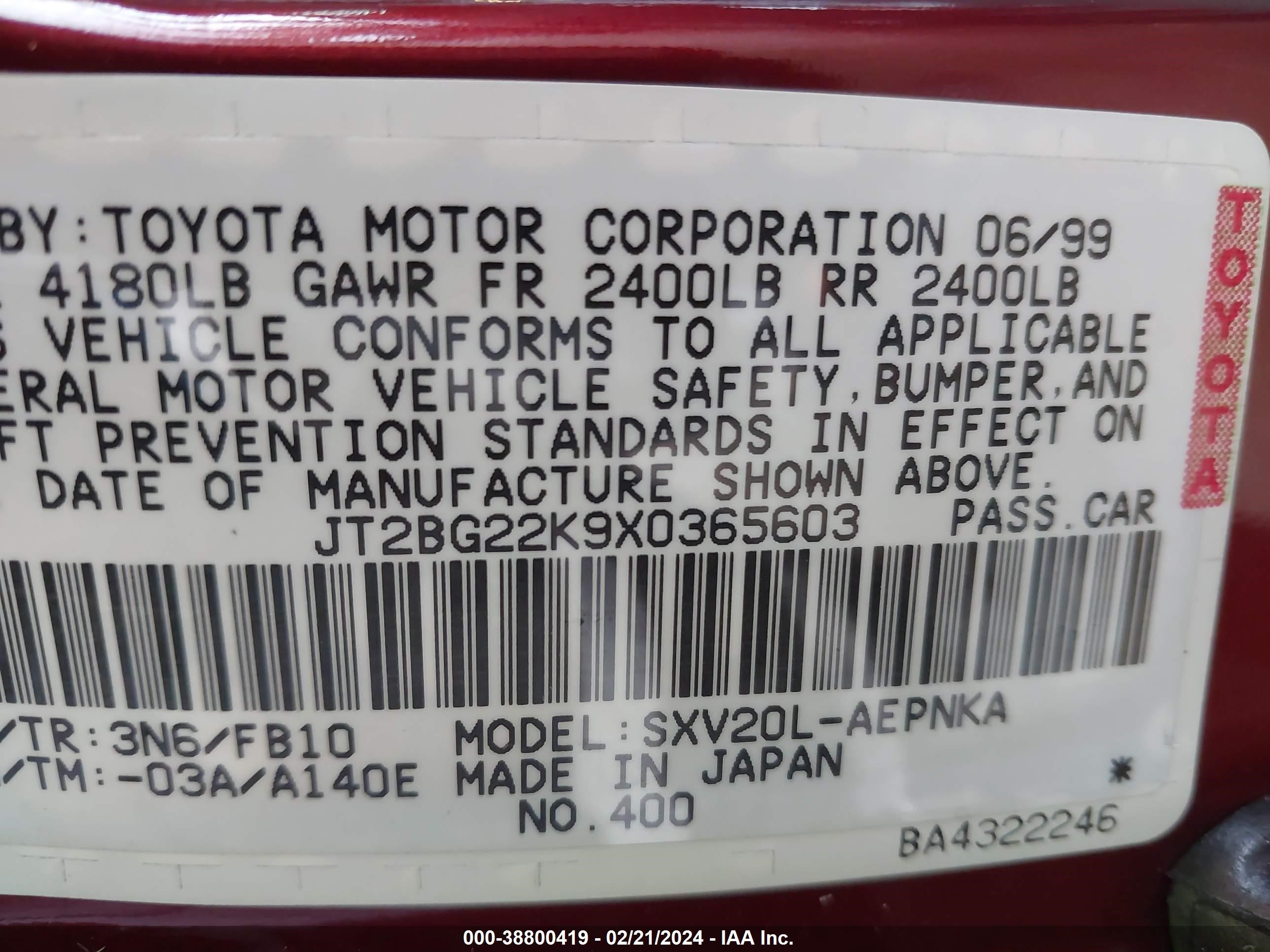 Photo 8 VIN: JT2BG22K9X0365603 - TOYOTA CAMRY 