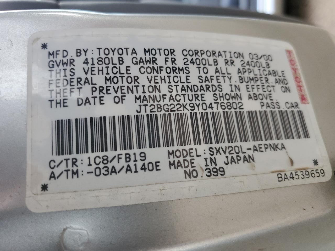 Photo 11 VIN: JT2BG22K9Y0476802 - TOYOTA CAMRY 