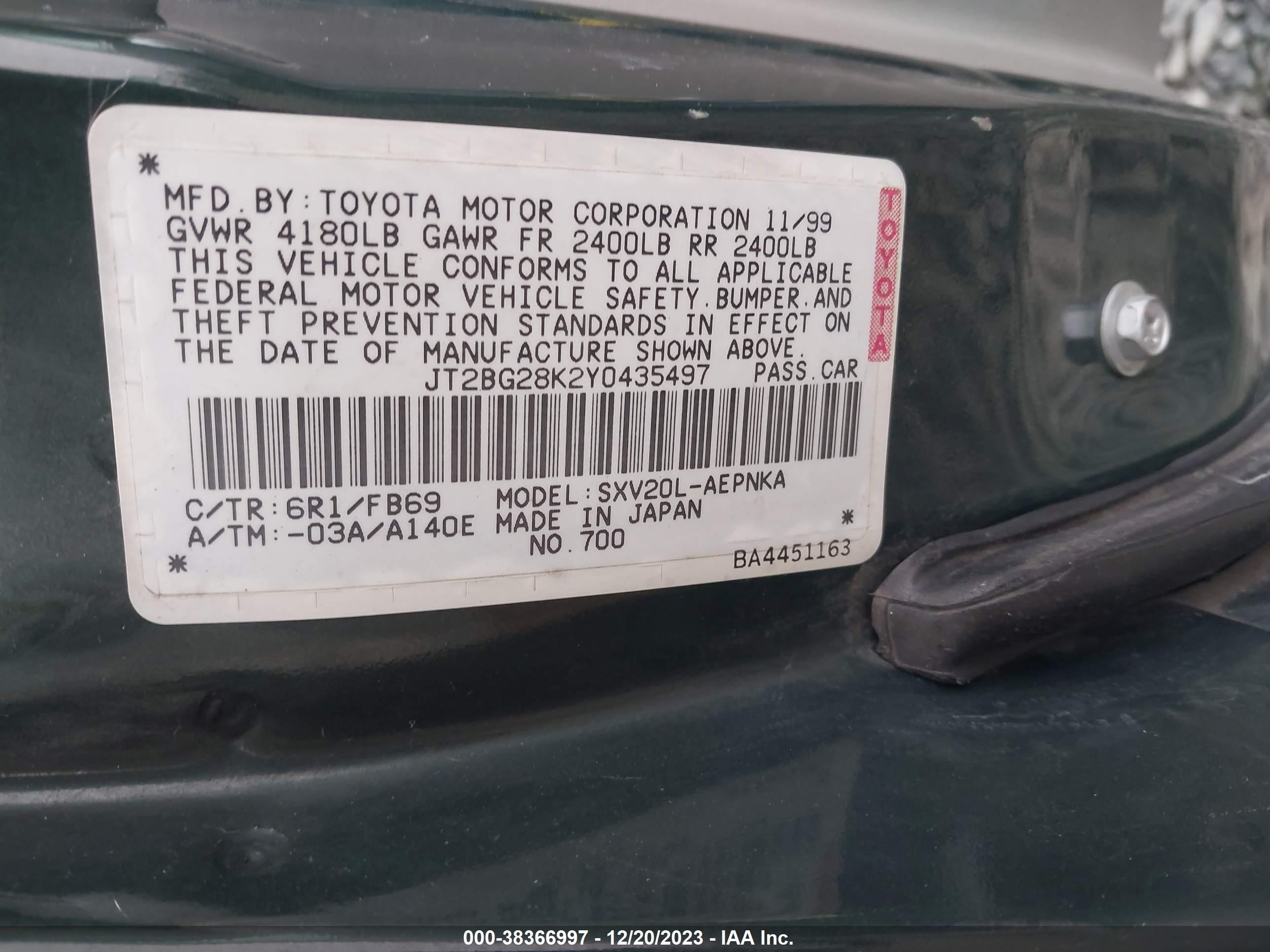 Photo 8 VIN: JT2BG28K2Y0435497 - TOYOTA CAMRY 