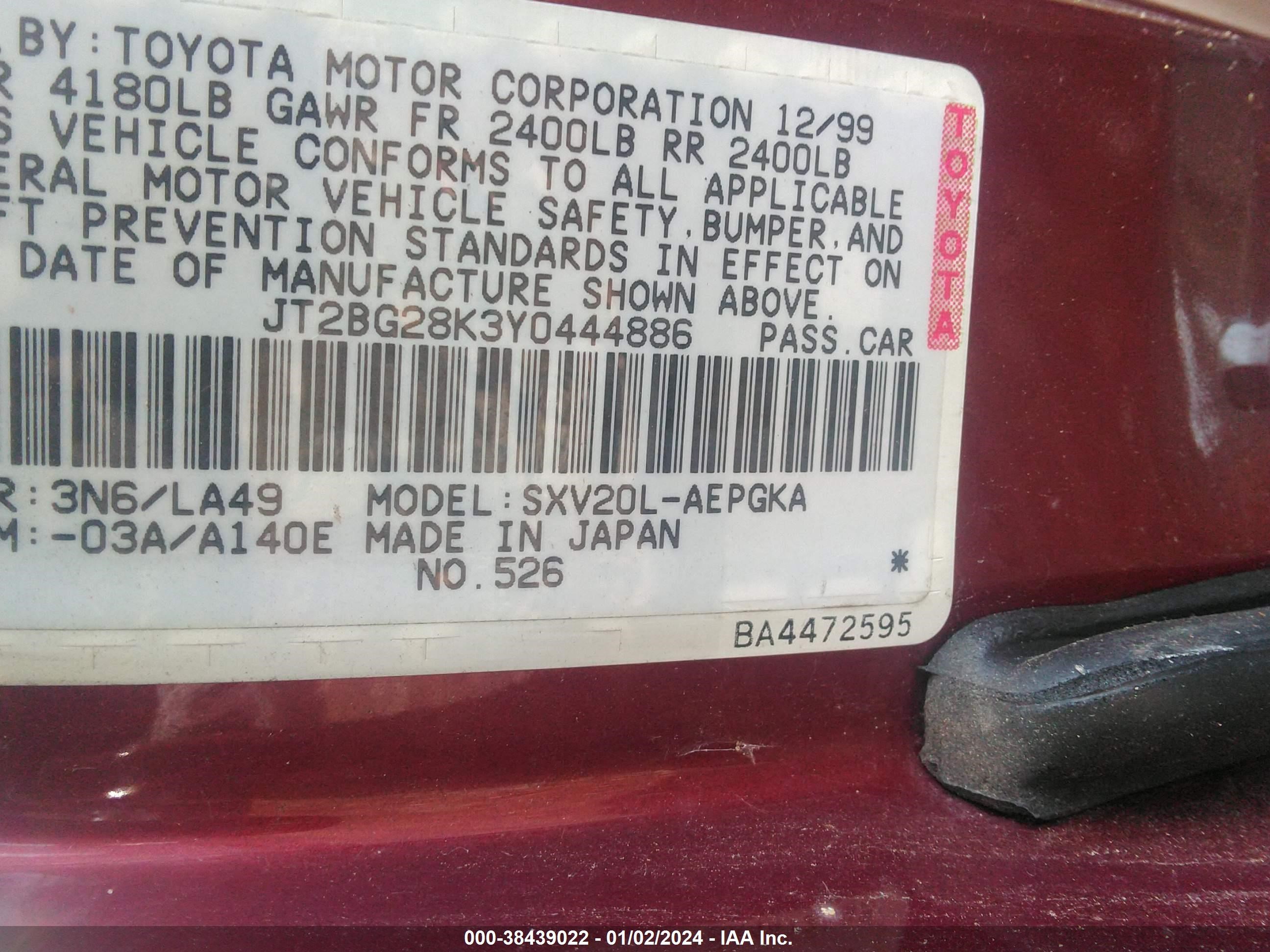 Photo 8 VIN: JT2BG28K3Y0444886 - TOYOTA CAMRY 