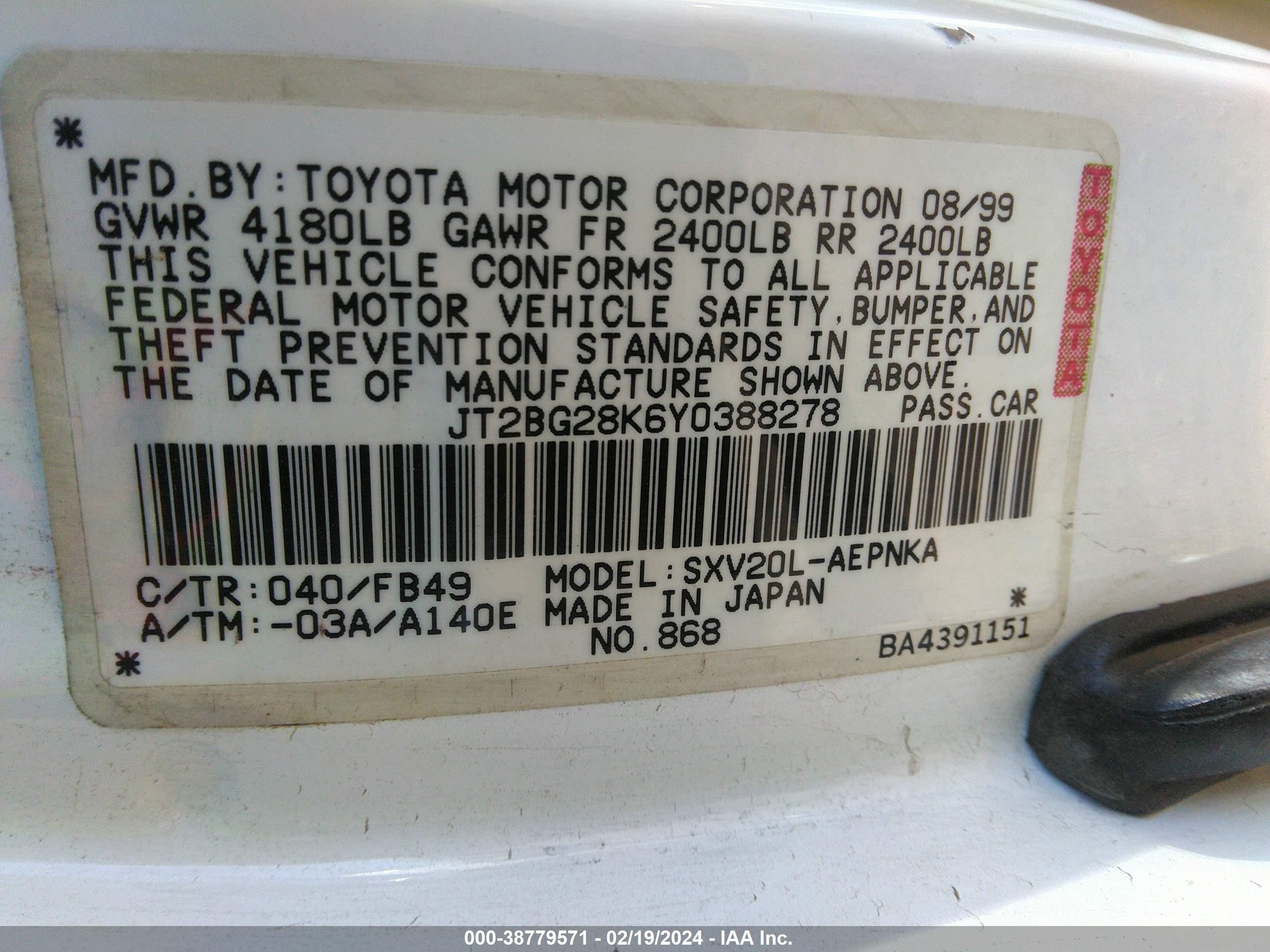 Photo 8 VIN: JT2BG28K6Y0388278 - TOYOTA CAMRY 