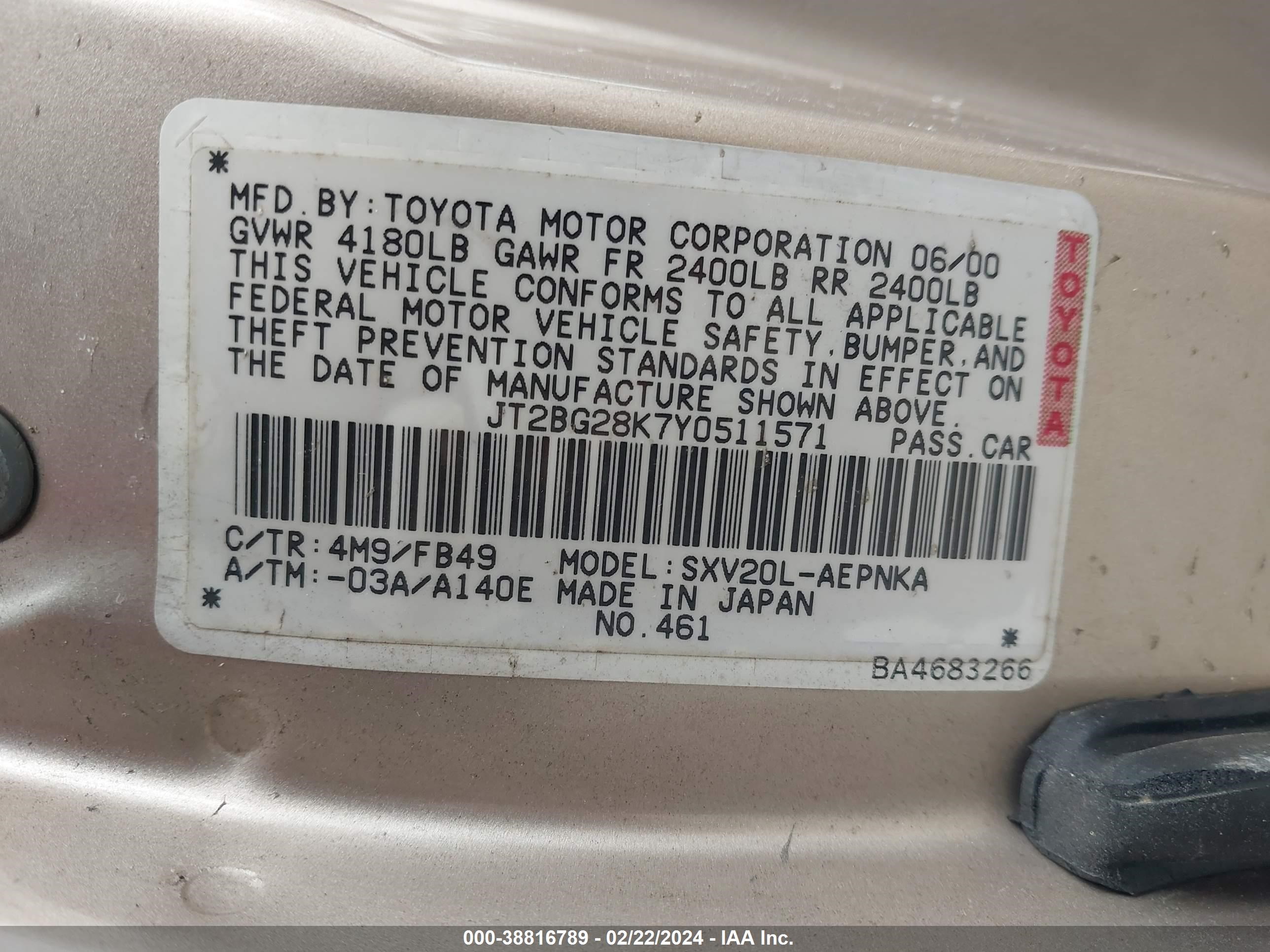 Photo 8 VIN: JT2BG28K7Y0511571 - TOYOTA CAMRY 