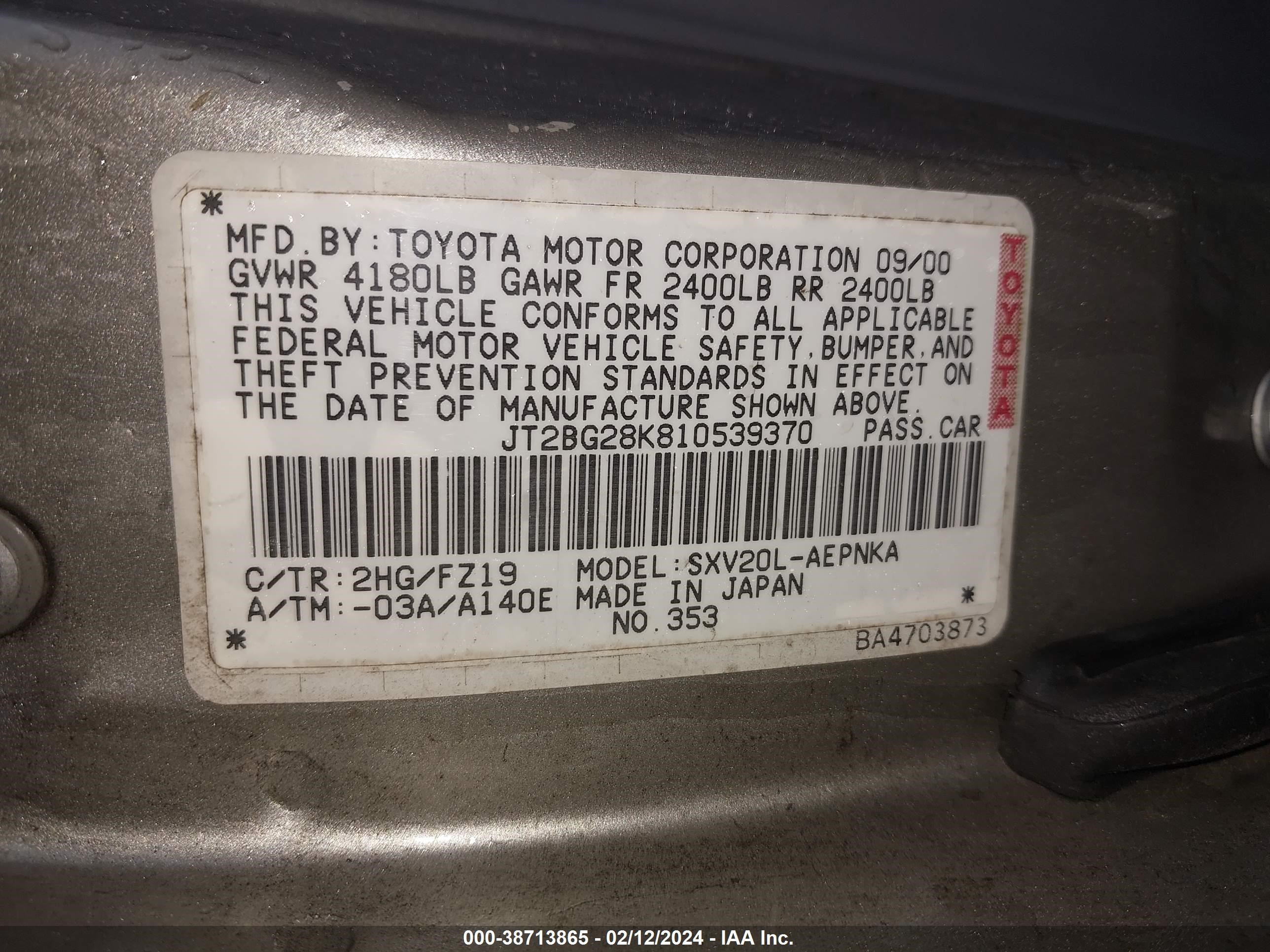 Photo 8 VIN: JT2BG28K810539370 - TOYOTA CAMRY 