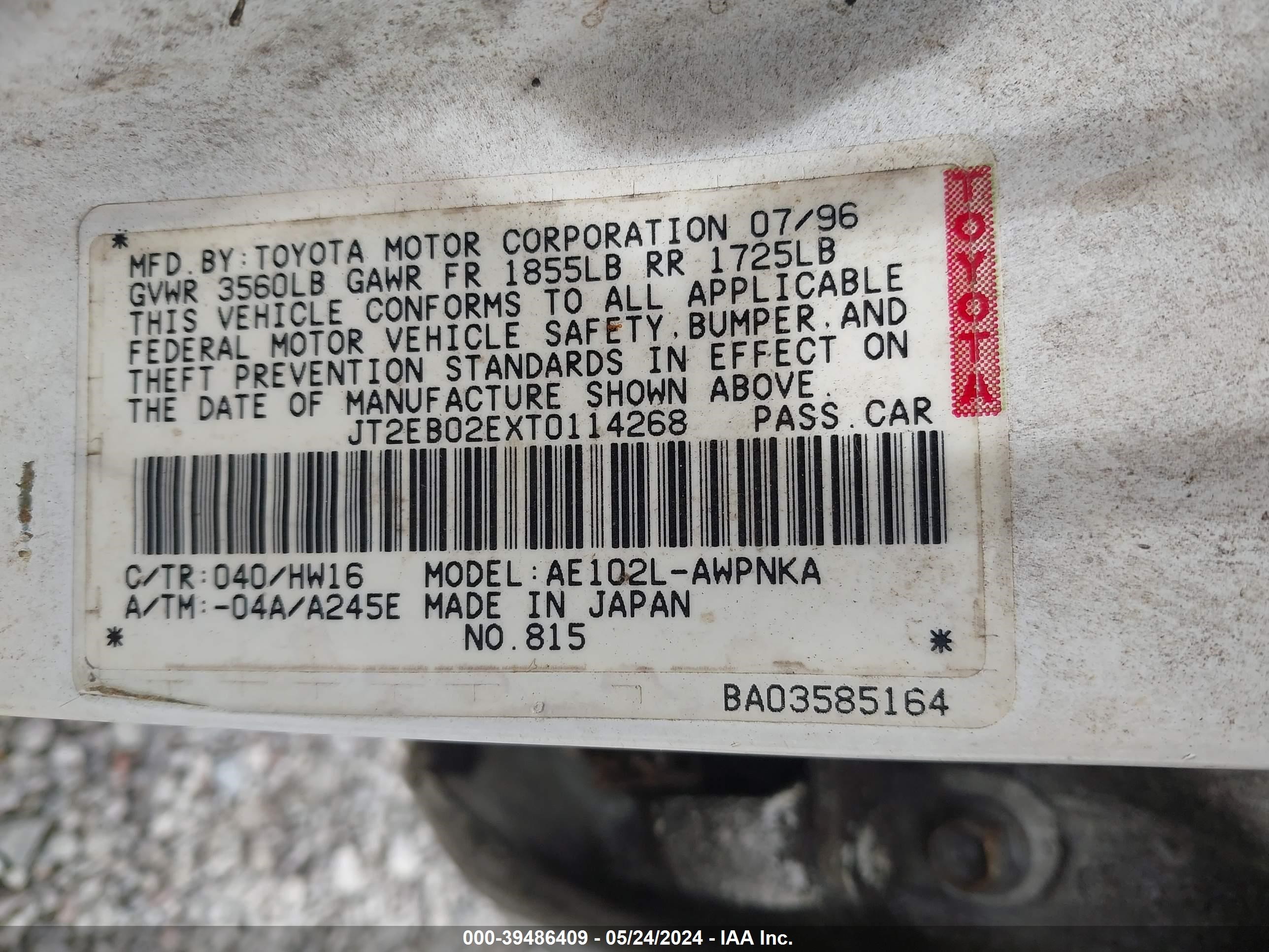 Photo 8 VIN: JT2EB02EXT0114268 - TOYOTA COROLLA 