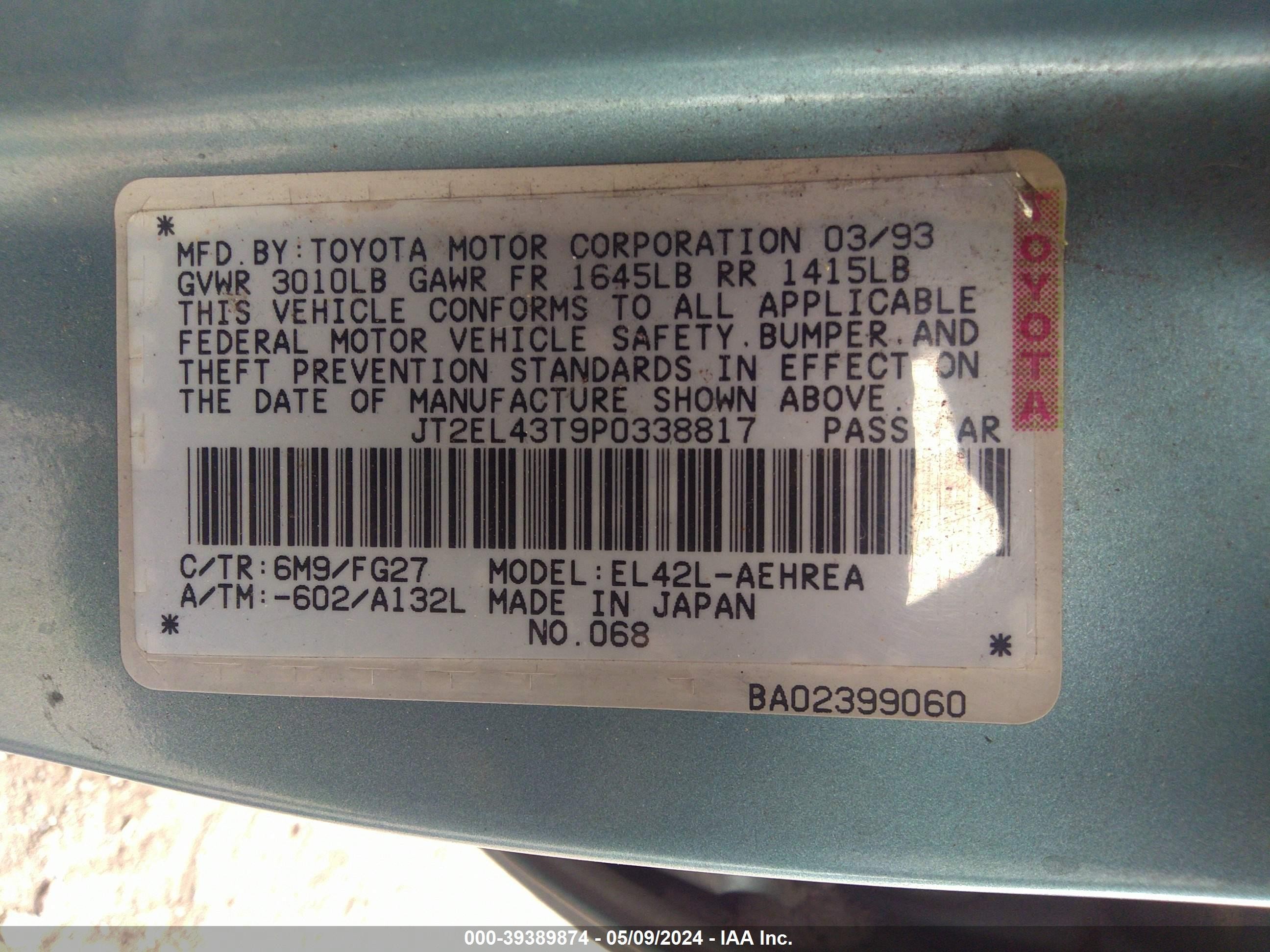 Photo 8 VIN: JT2EL43T9P0338817 - TOYOTA TERCEL 