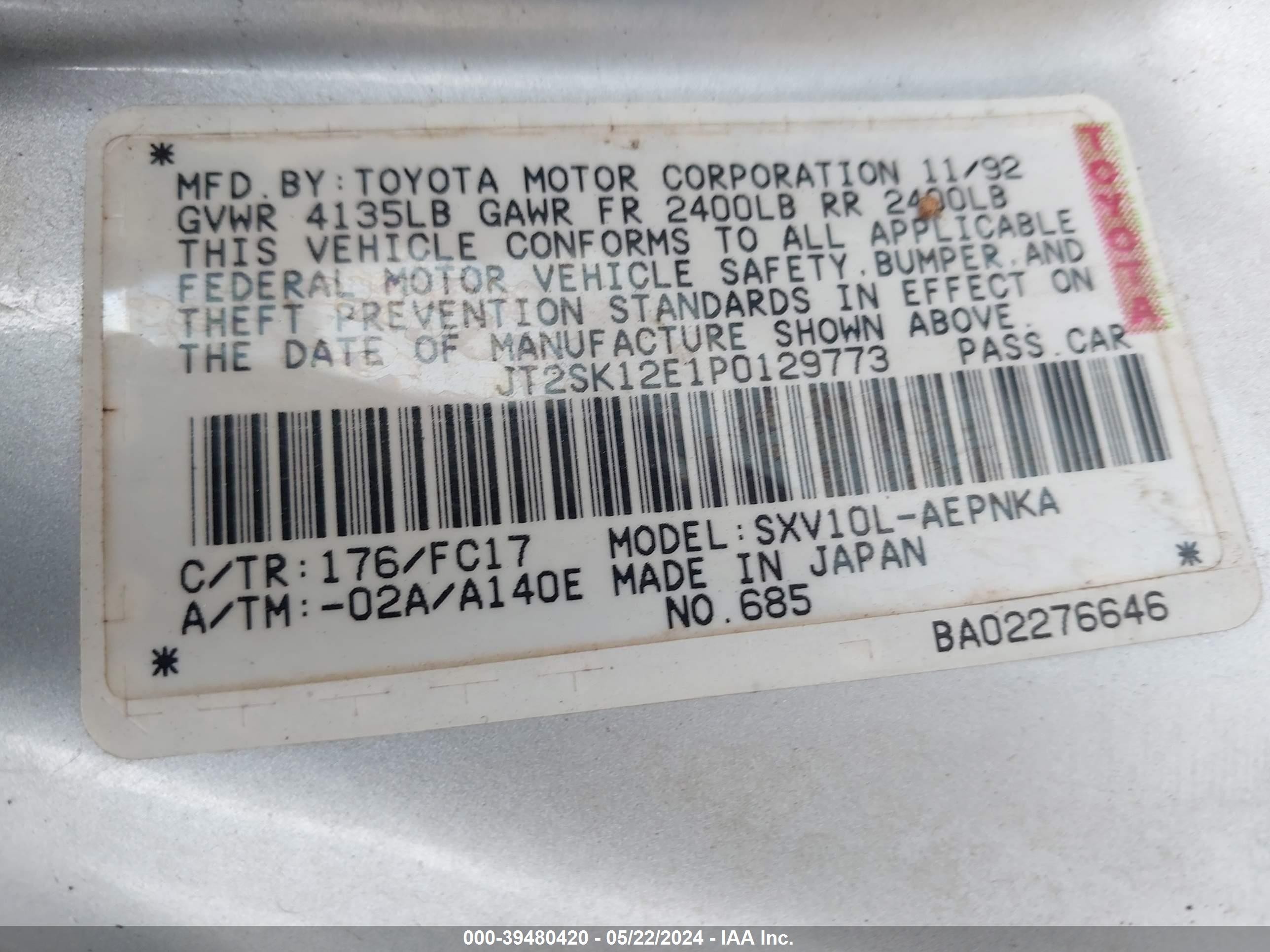 Photo 8 VIN: JT2SK12E1P0129773 - TOYOTA CAMRY 