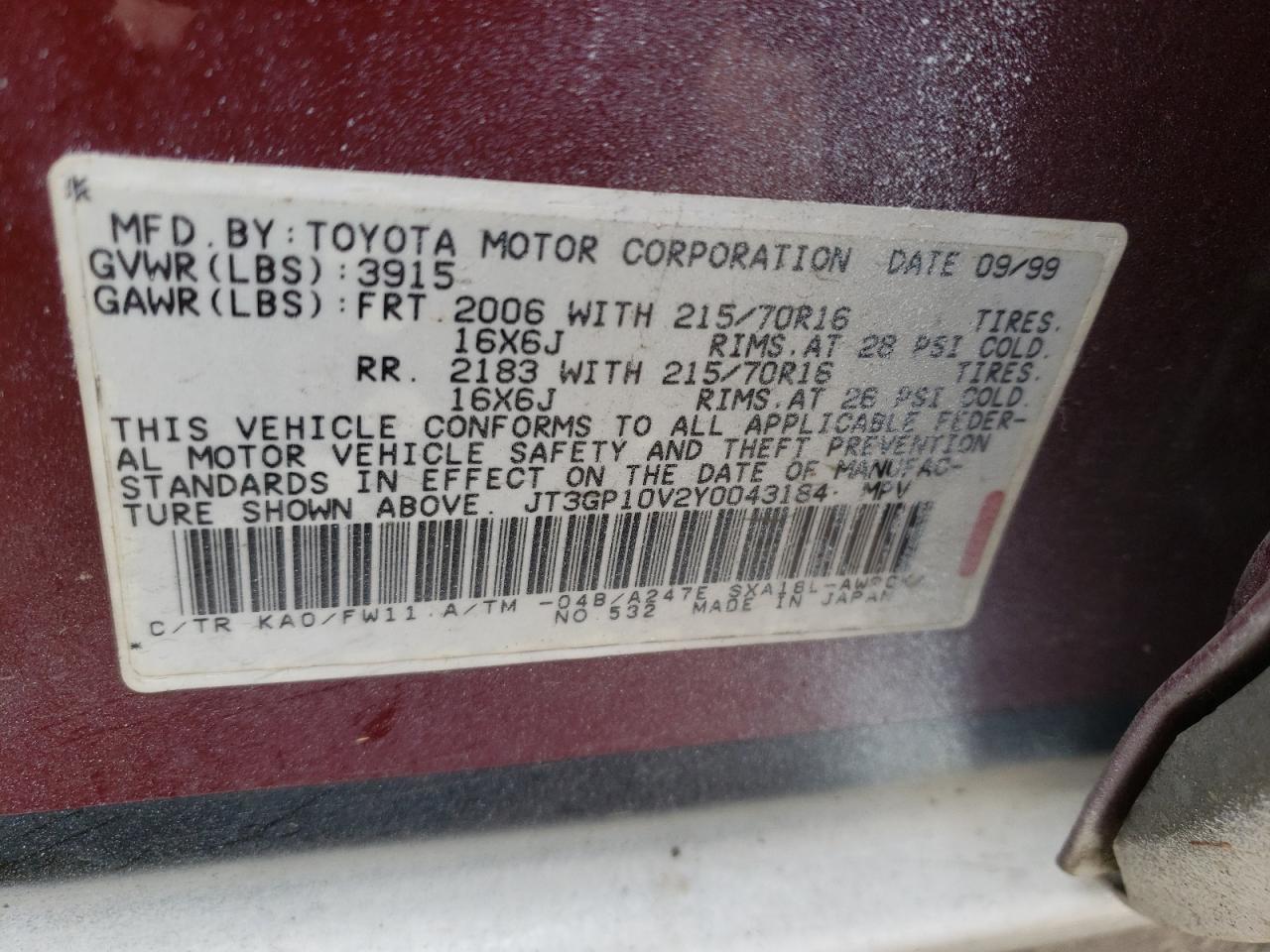 Photo 13 VIN: JT3GP10V2Y0043184 - TOYOTA RAV 4 