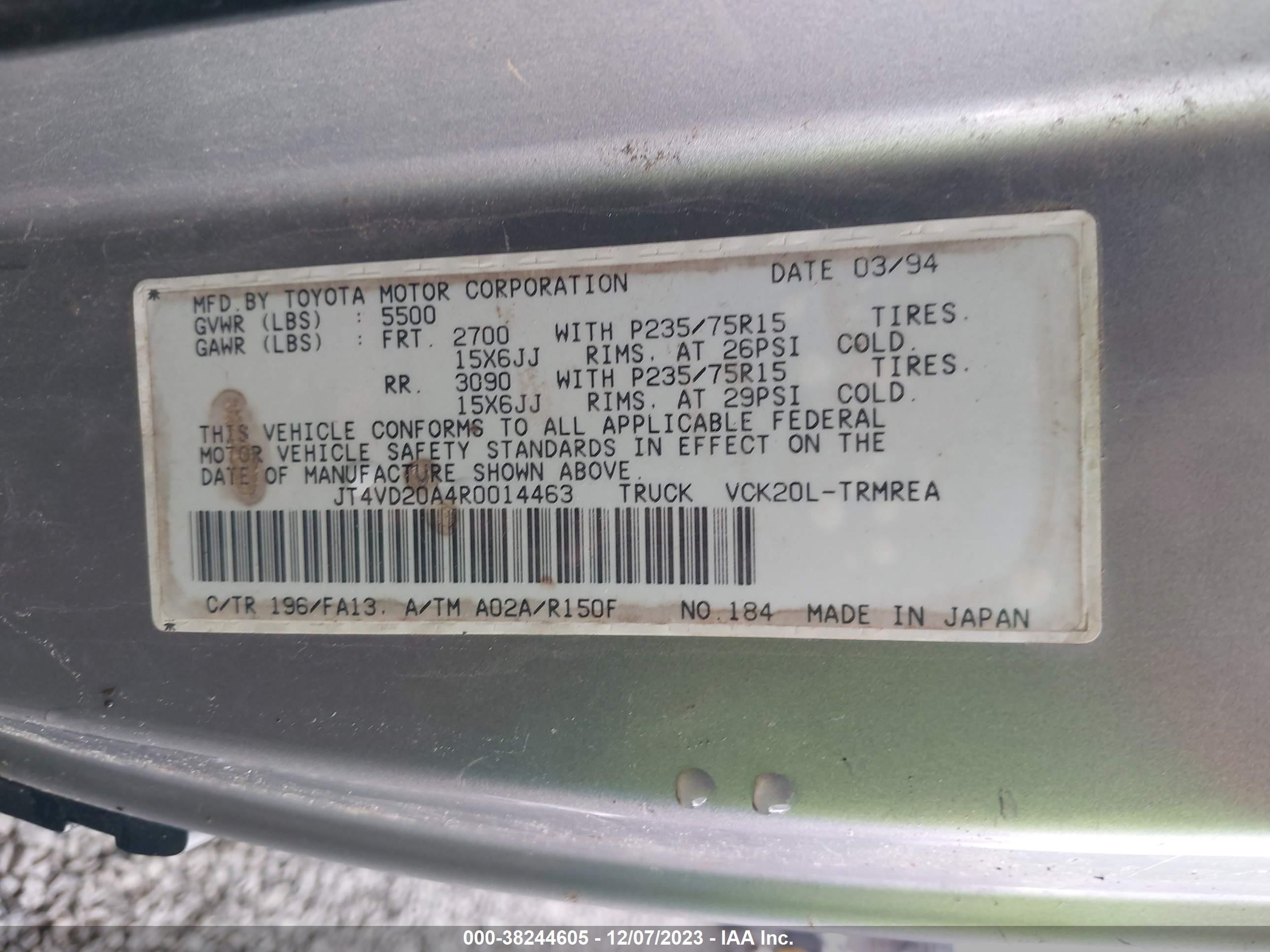 Photo 8 VIN: JT4VD20A4R0014463 - TOYOTA T100 