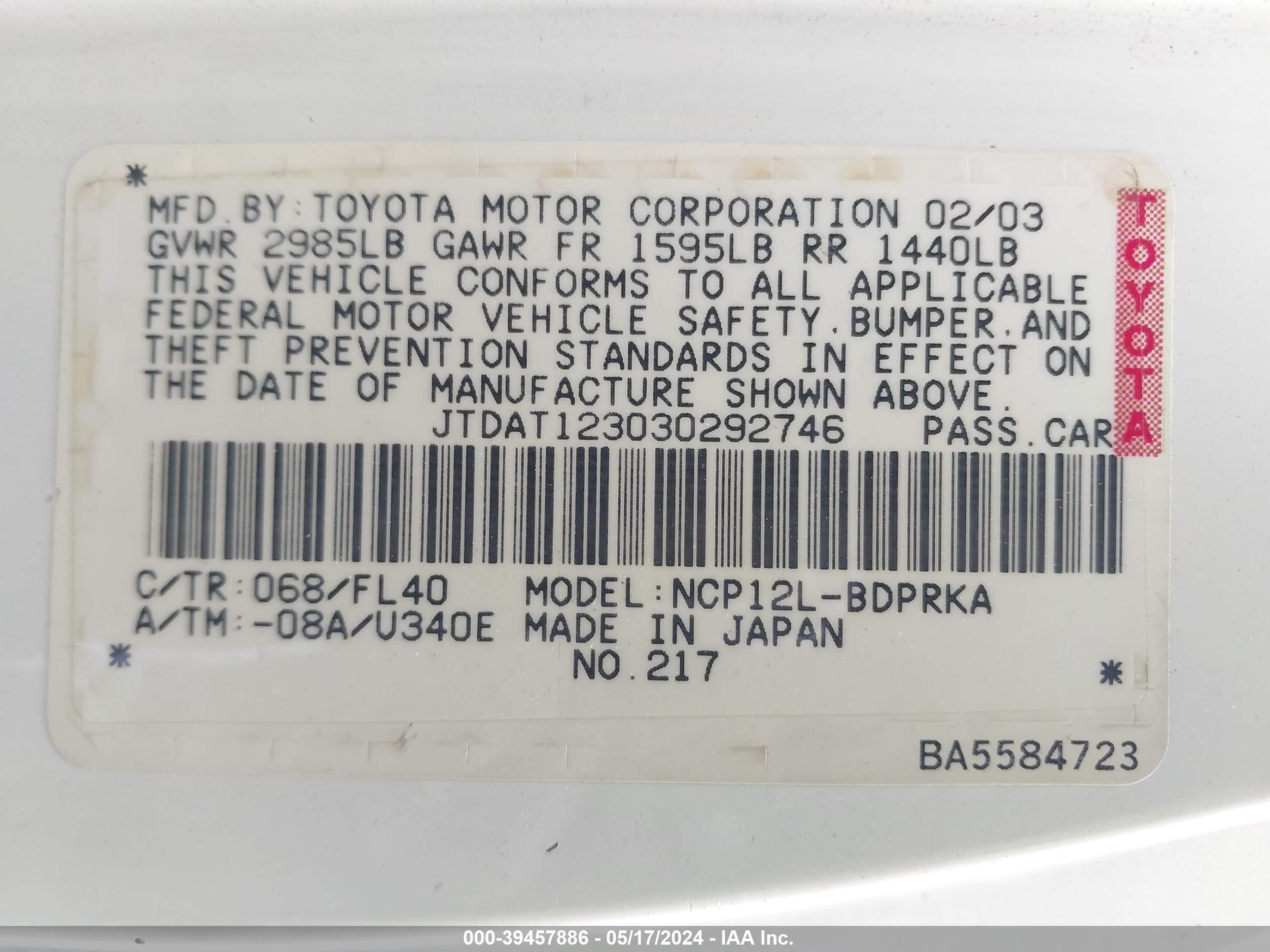 Photo 8 VIN: JTDAT123030292746 - TOYOTA ECHO 