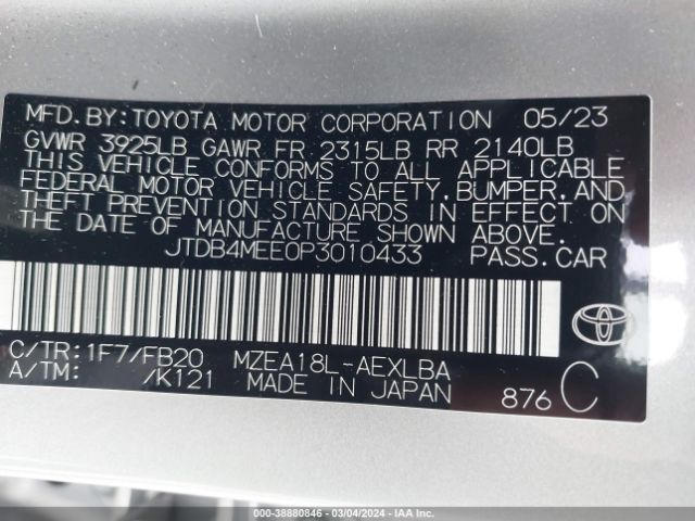 Photo 8 VIN: JTDB4MEE0P3010433 - TOYOTA COROLLA 