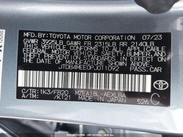 Photo 8 VIN: JTDB4MEE0PJ011092 - TOYOTA COROLLA 