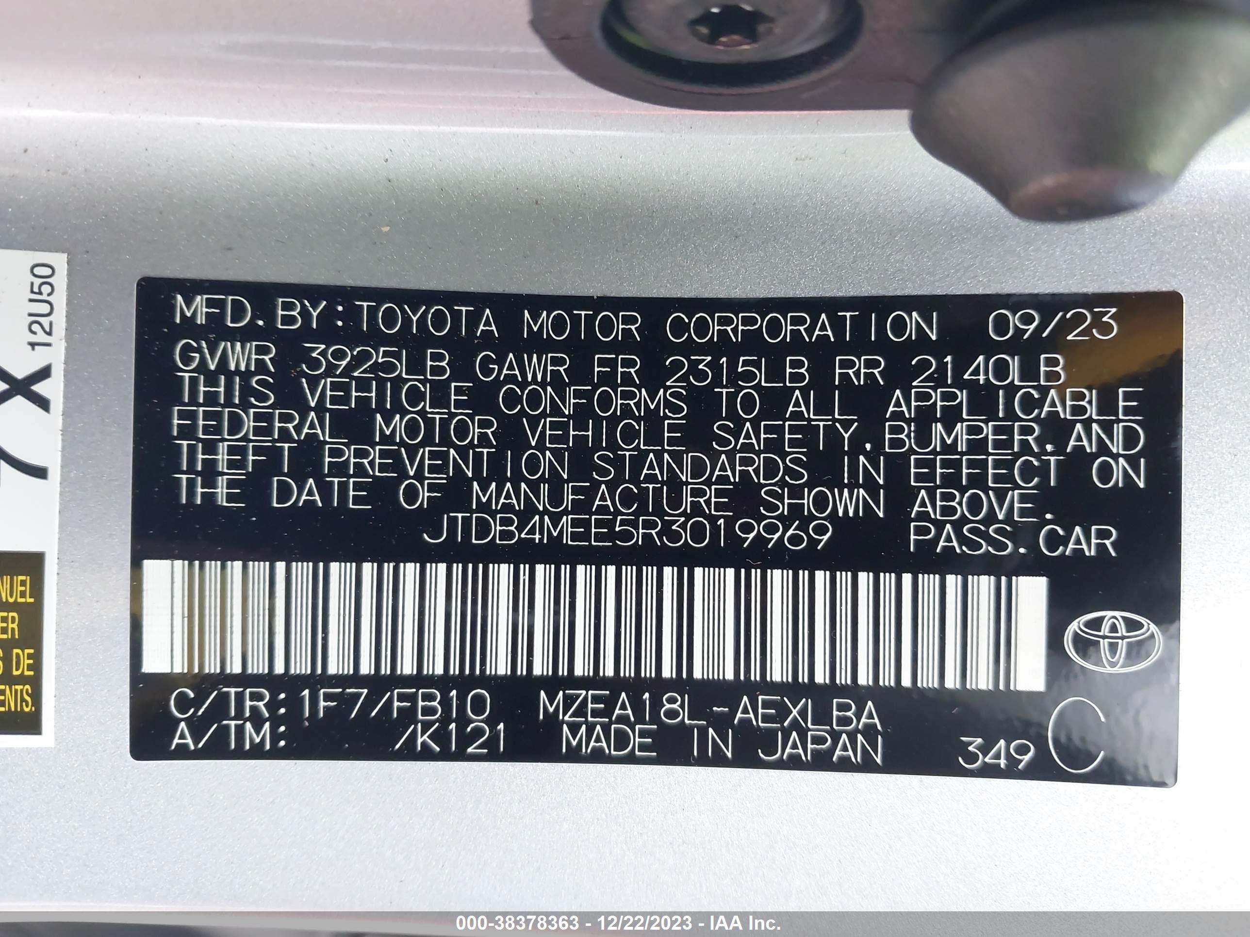 Photo 8 VIN: JTDB4MEE5R3019969 - TOYOTA COROLLA 