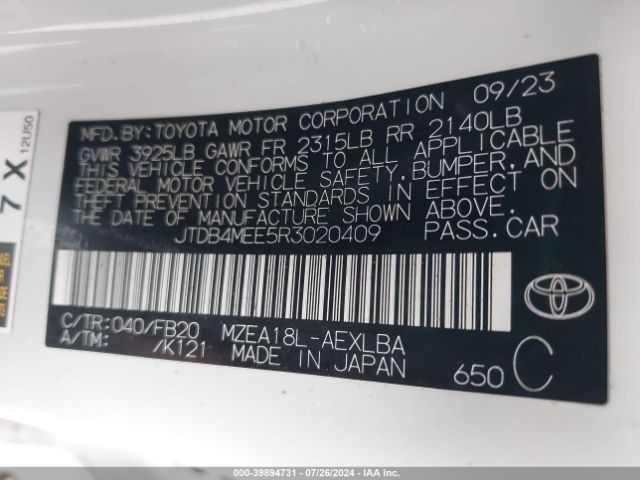 Photo 8 VIN: JTDB4MEE5R3020409 - TOYOTA COROLLA 