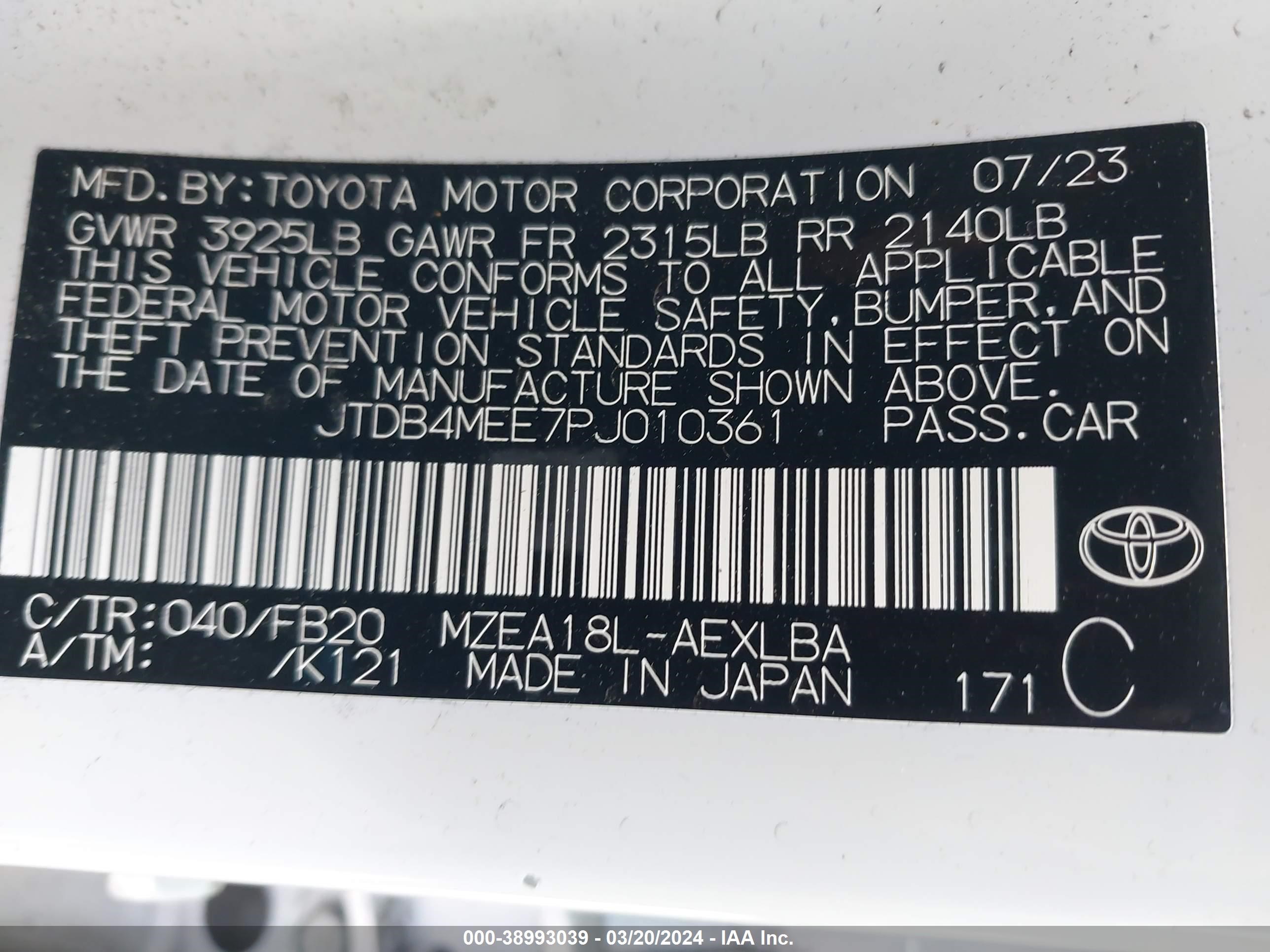 Photo 8 VIN: JTDB4MEE7PJ010361 - TOYOTA COROLLA 