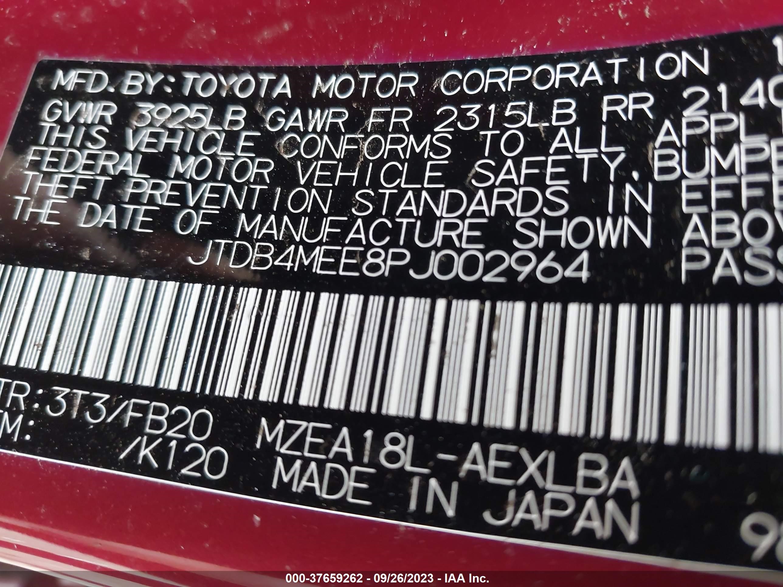 Photo 8 VIN: JTDB4MEE8PJ002964 - TOYOTA COROLLA 