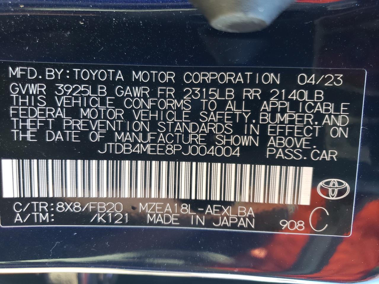 Photo 11 VIN: JTDB4MEE8PJ004004 - TOYOTA COROLLA 