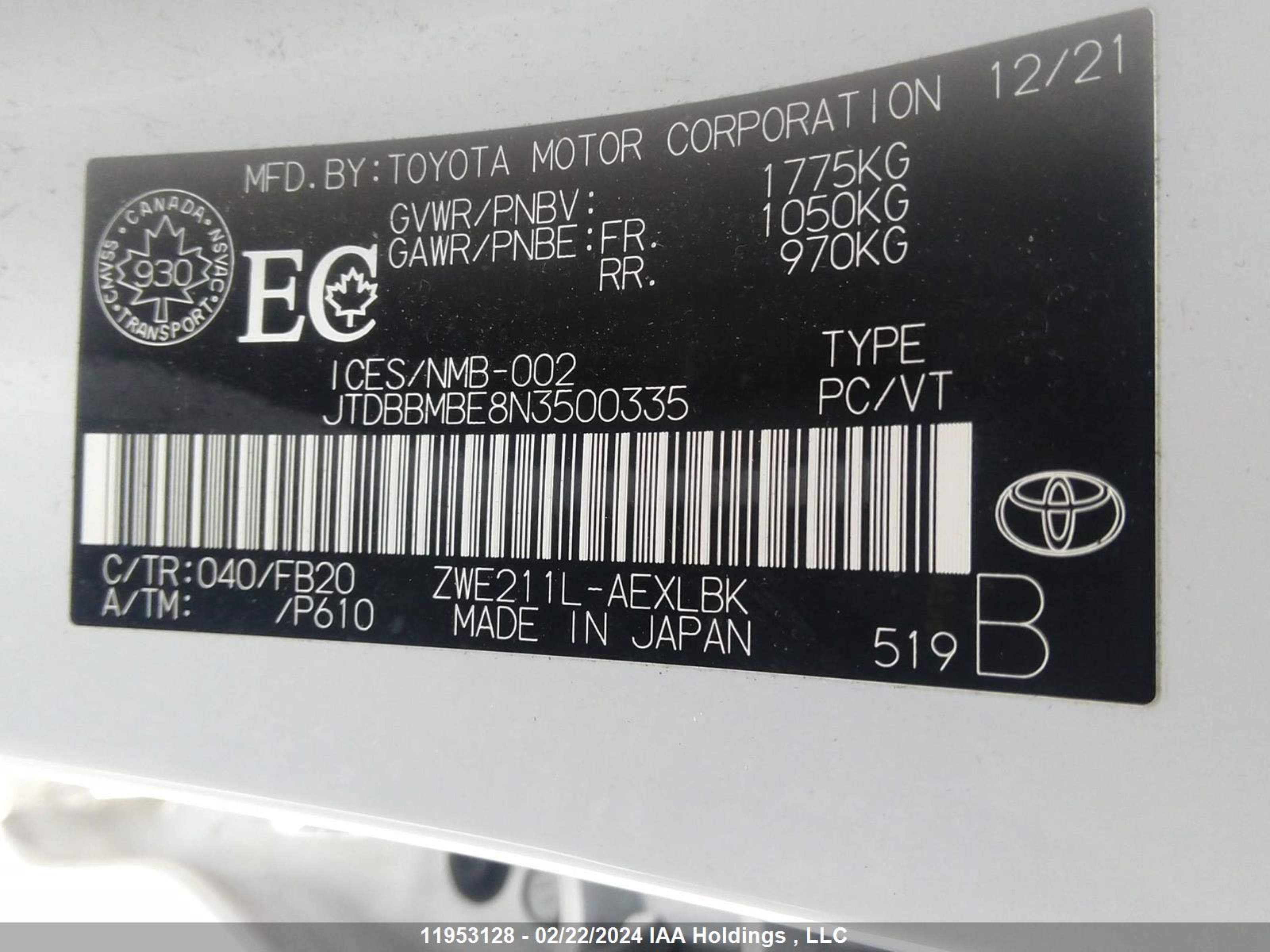 Photo 8 VIN: JTDBBMBE8N3500335 - TOYOTA COROLLA 