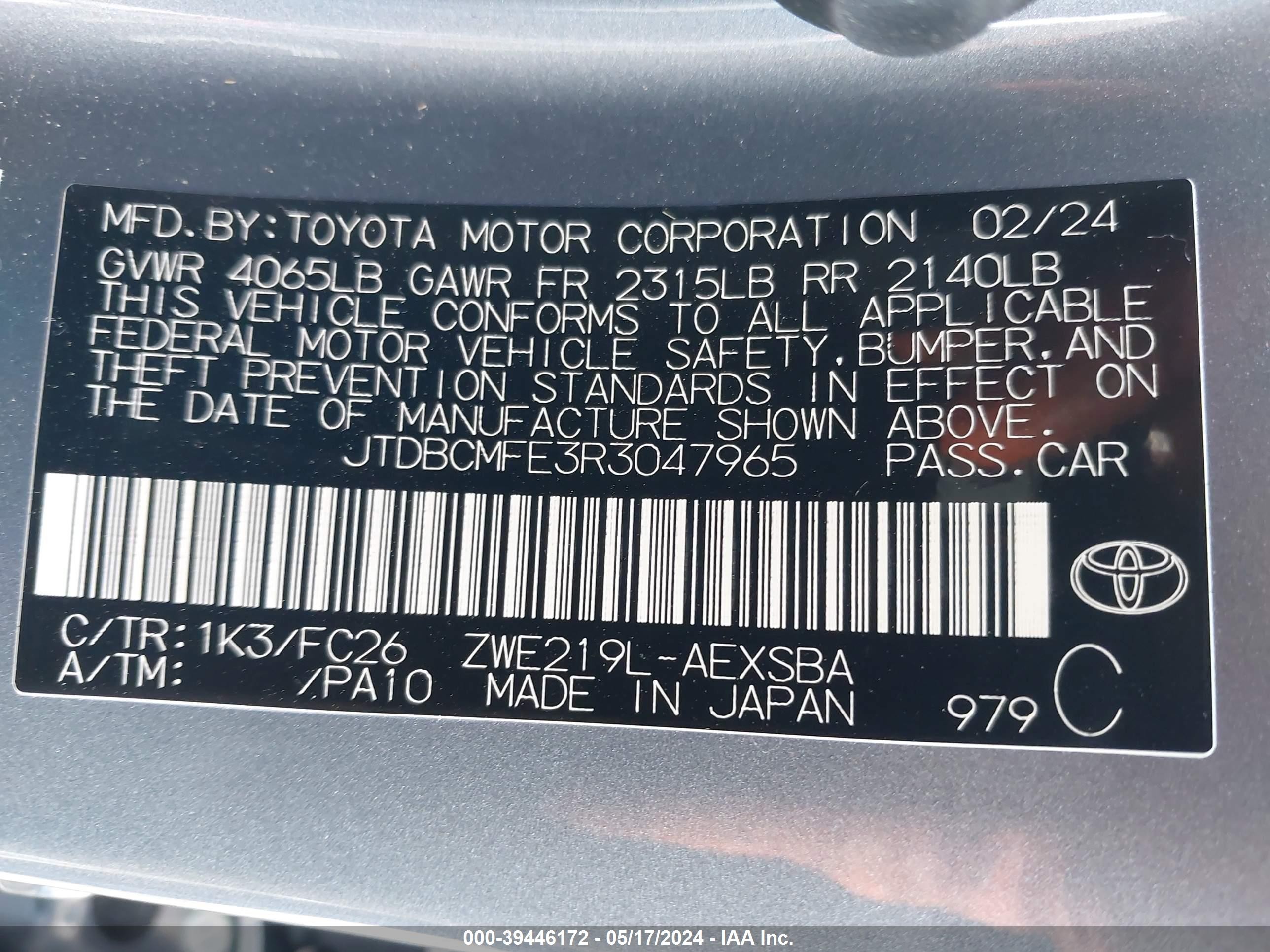 Photo 8 VIN: JTDBCMFE3R3047965 - TOYOTA COROLLA 