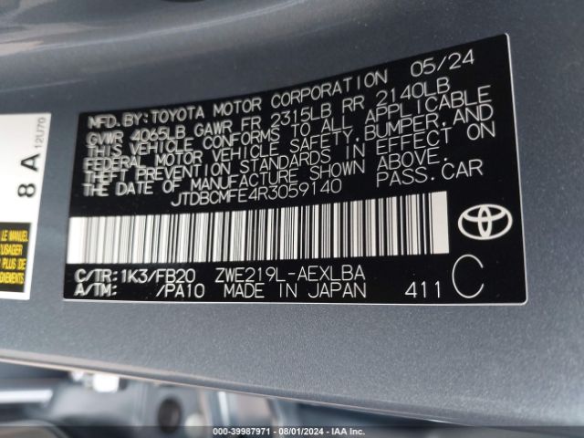 Photo 8 VIN: JTDBCMFE4R3059140 - TOYOTA COROLLA 