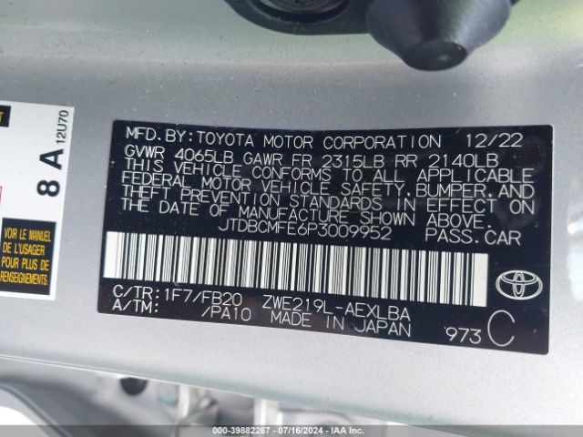 Photo 8 VIN: JTDBCMFE6P3009952 - TOYOTA COROLLA 