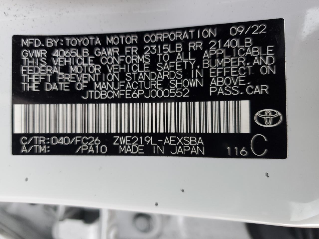 Photo 11 VIN: JTDBCMFE6PJ000552 - TOYOTA COROLLA 