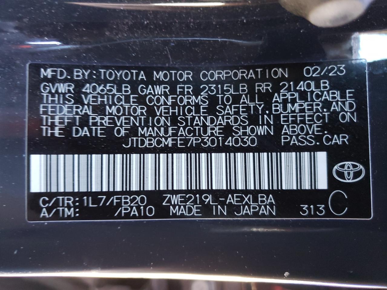 Photo 12 VIN: JTDBCMFE7P3014030 - TOYOTA COROLLA 