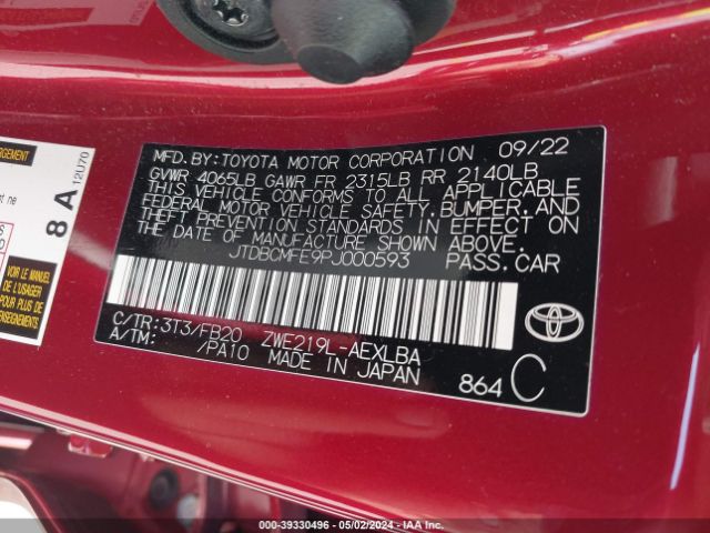 Photo 8 VIN: JTDBCMFE9PJ000593 - TOYOTA COROLLA 