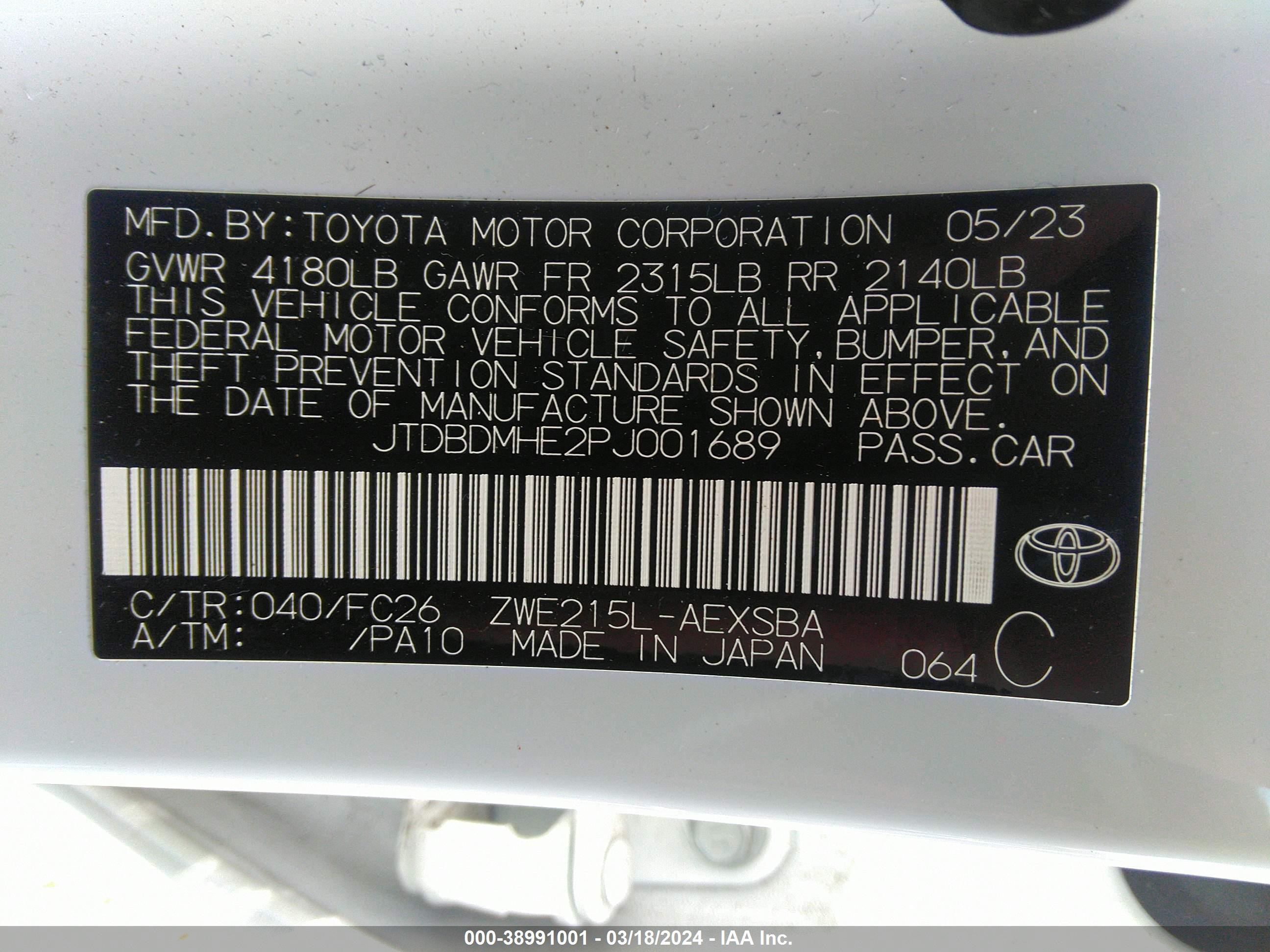 Photo 8 VIN: JTDBDMHE2PJ001689 - TOYOTA COROLLA 