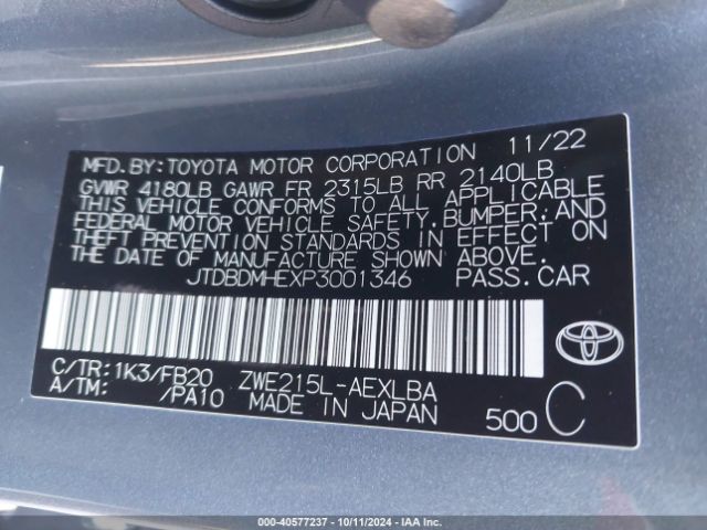 Photo 8 VIN: JTDBDMHEXP3001346 - TOYOTA COROLLA 