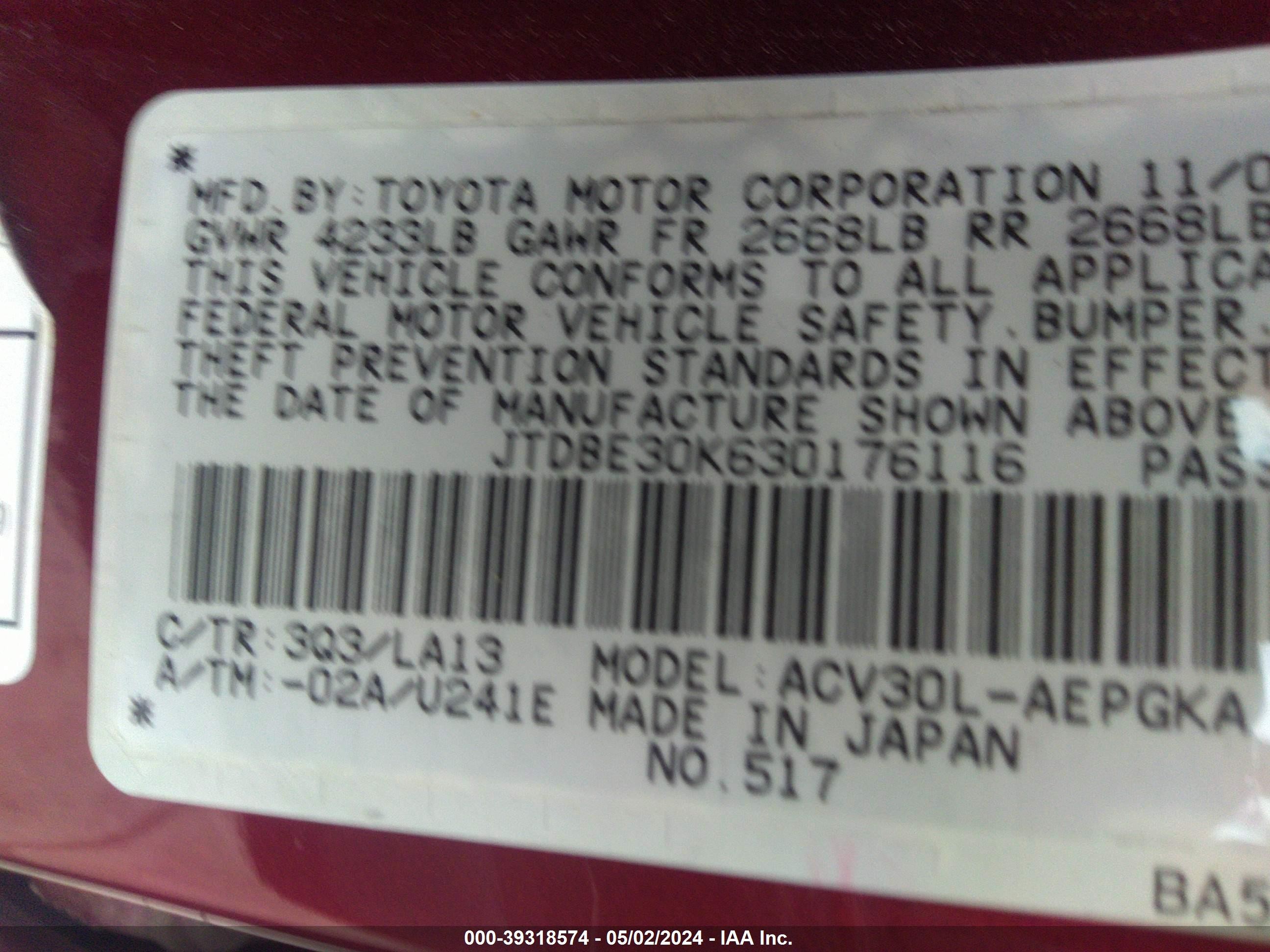 Photo 8 VIN: JTDBE30K630176116 - TOYOTA CAMRY 