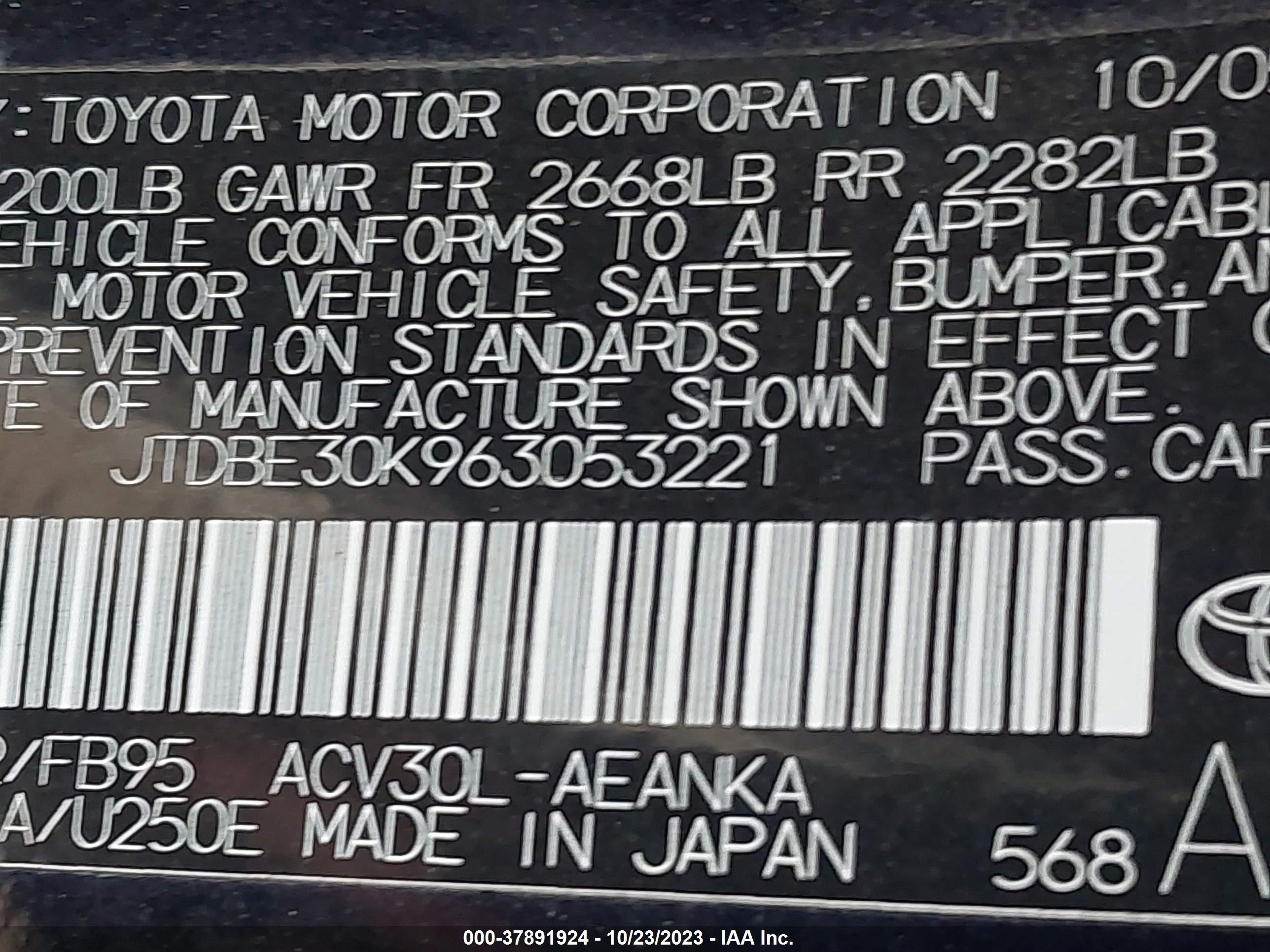 Photo 8 VIN: JTDBE30K963053221 - TOYOTA CAMRY 