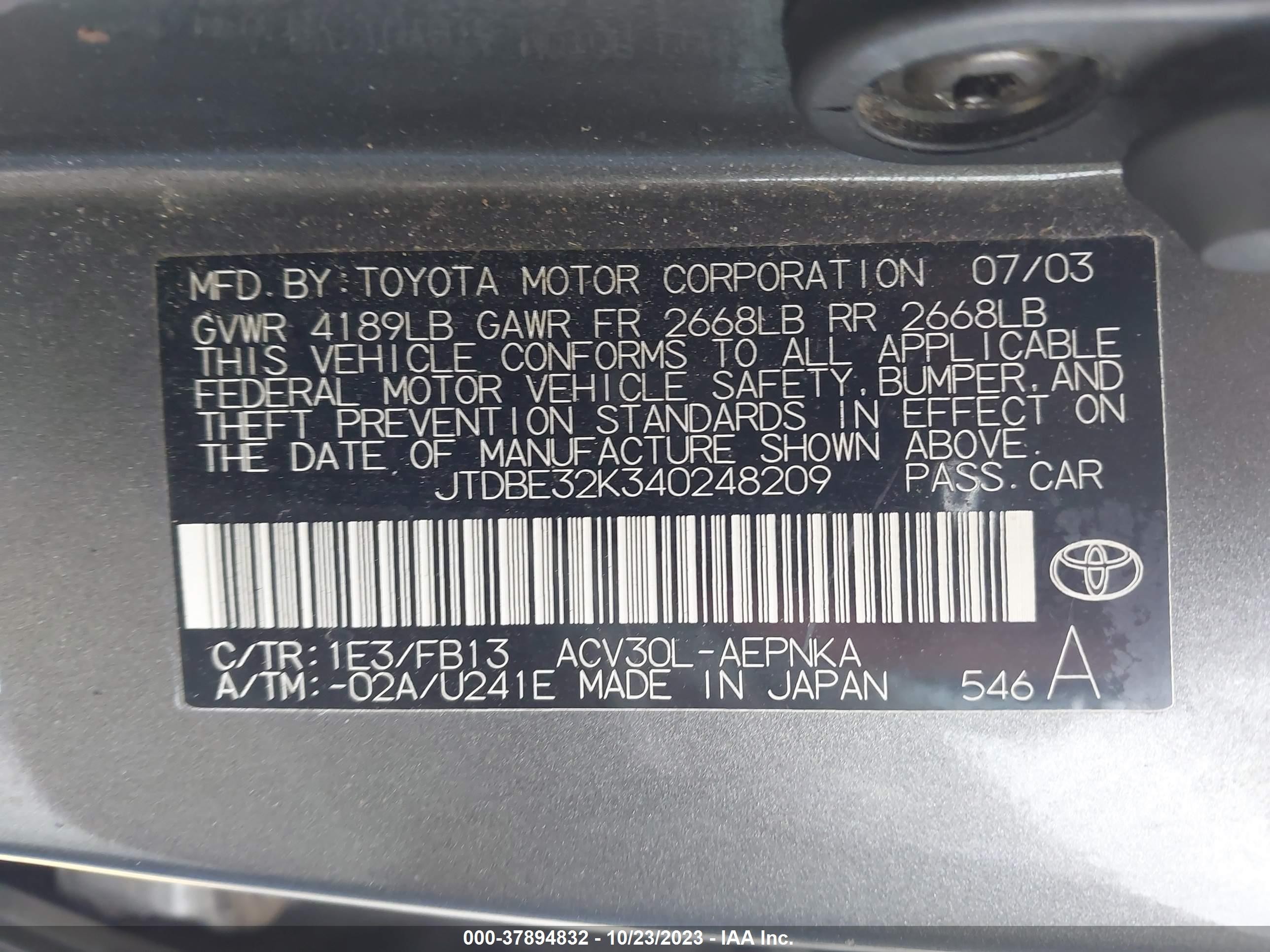 Photo 8 VIN: JTDBE32K340248209 - TOYOTA CAMRY 