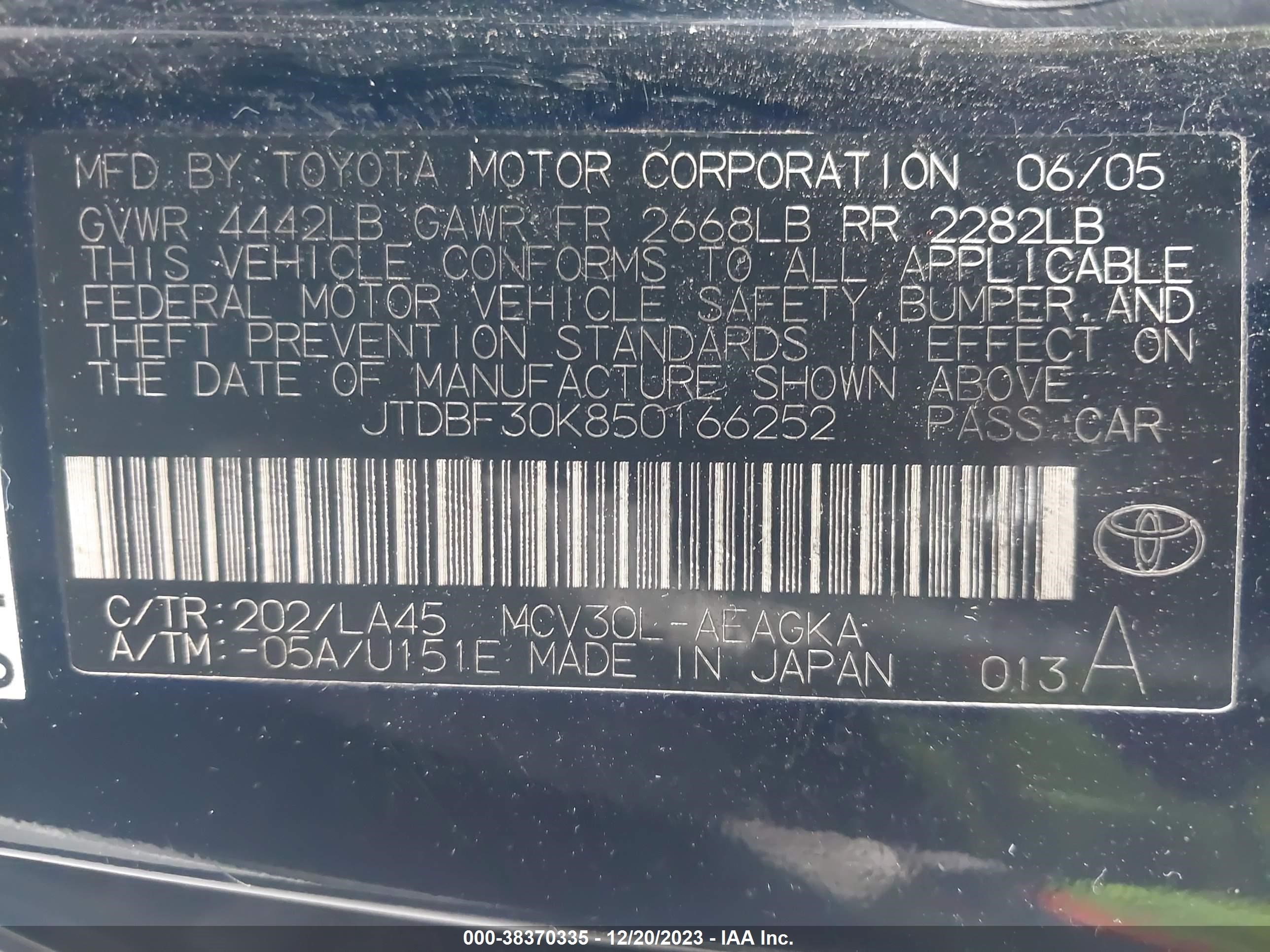 Photo 8 VIN: JTDBF30K850166252 - TOYOTA CAMRY 