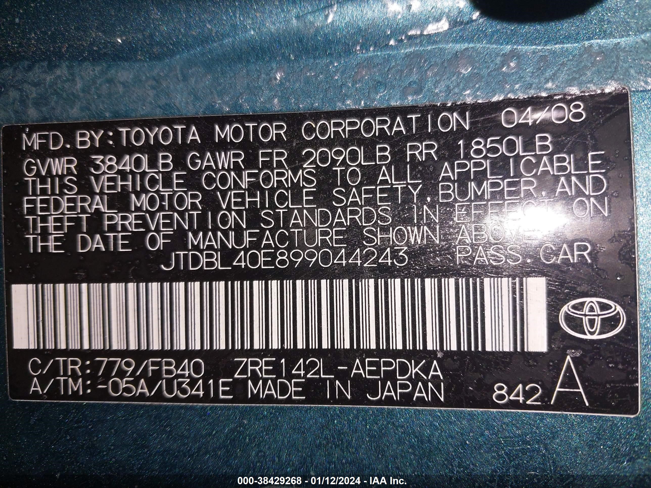 Photo 8 VIN: JTDBL40E899044243 - TOYOTA COROLLA 