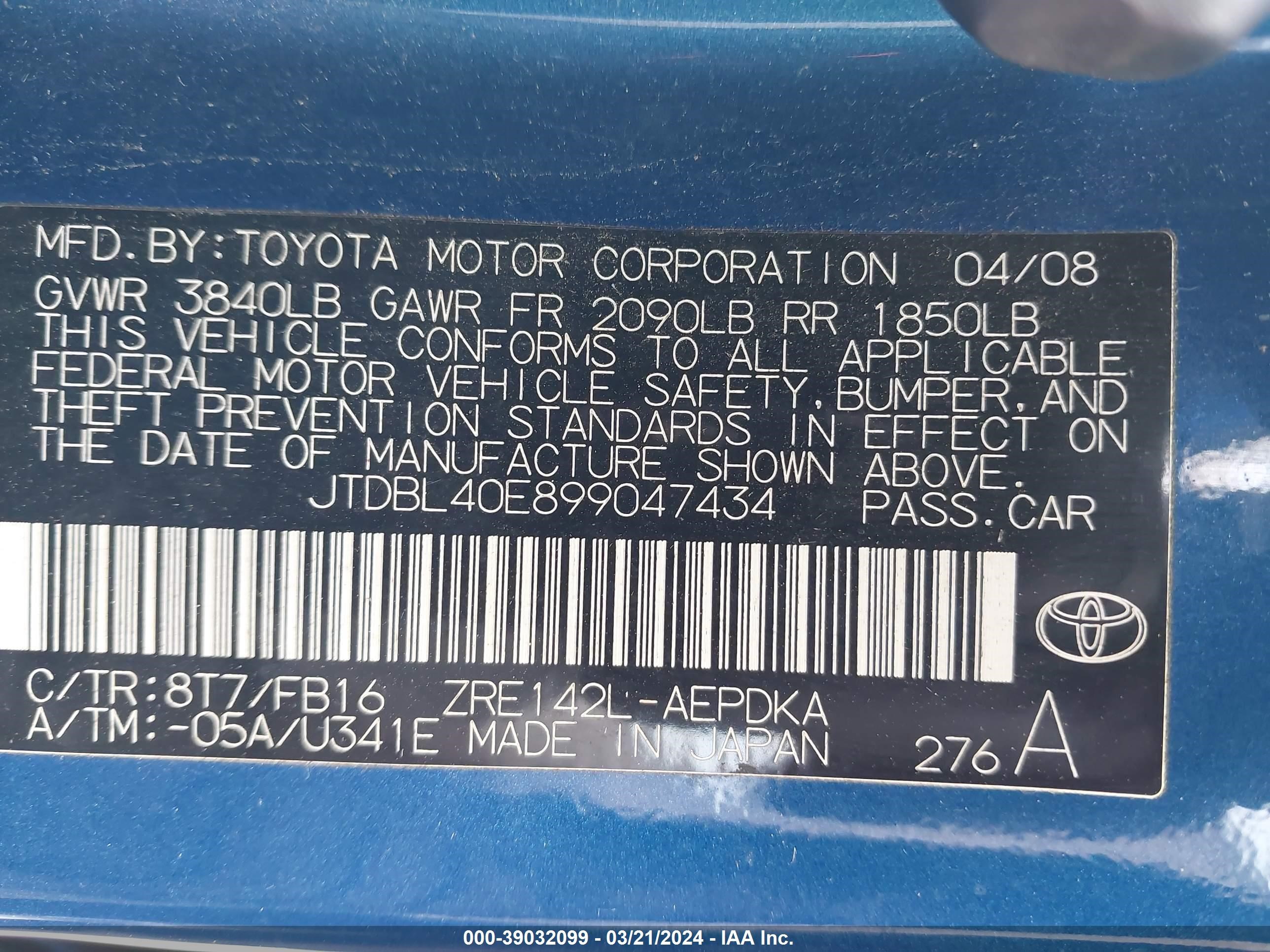 Photo 8 VIN: JTDBL40E899047434 - TOYOTA COROLLA 