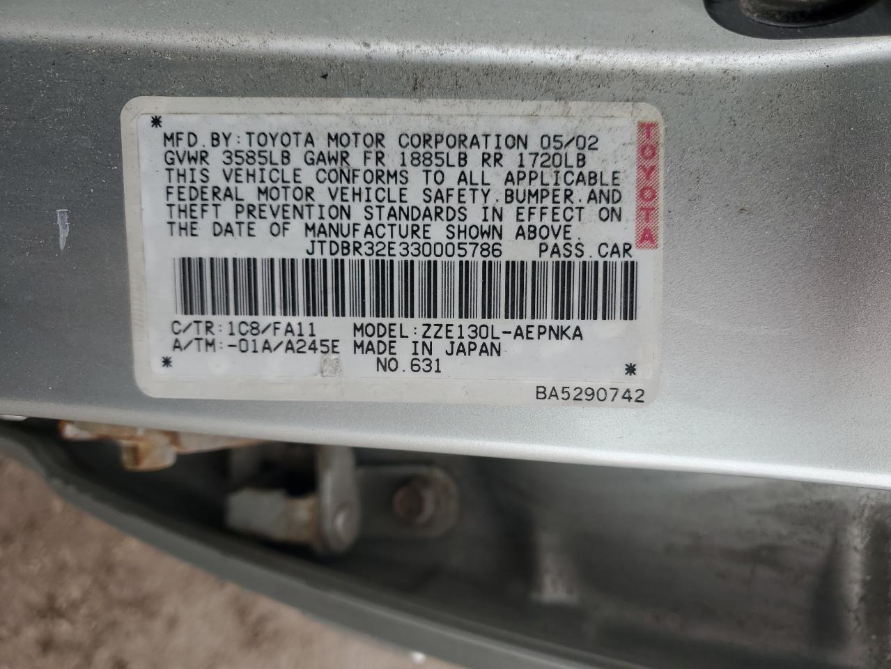 Photo 11 VIN: JTDBR32E330005786 - TOYOTA COROLLA 