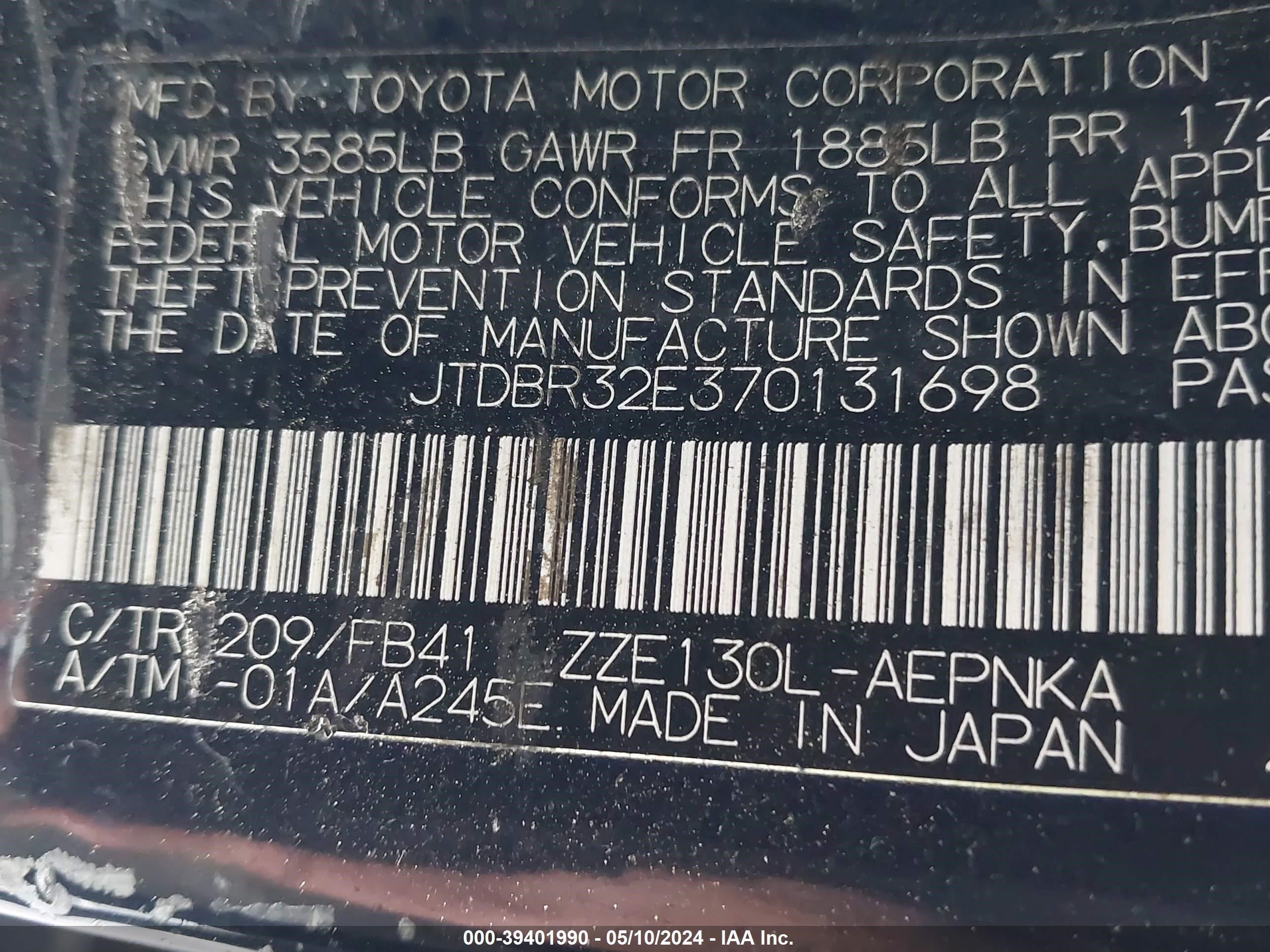 Photo 8 VIN: JTDBR32E370131698 - TOYOTA COROLLA 