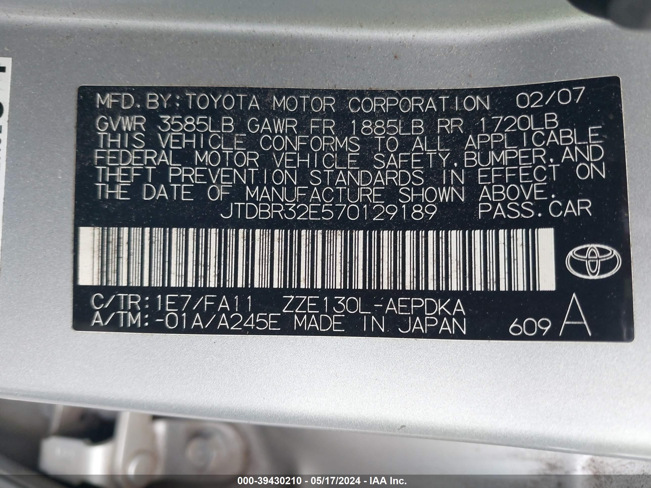 Photo 8 VIN: JTDBR32E570129189 - TOYOTA COROLLA 