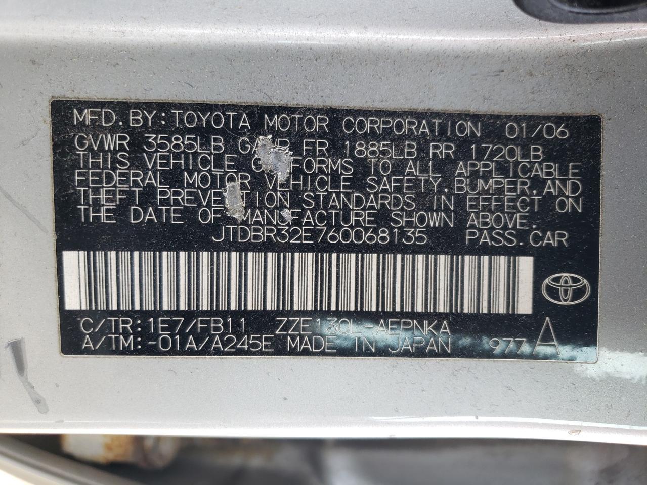 Photo 11 VIN: JTDBR32E760068135 - TOYOTA COROLLA 