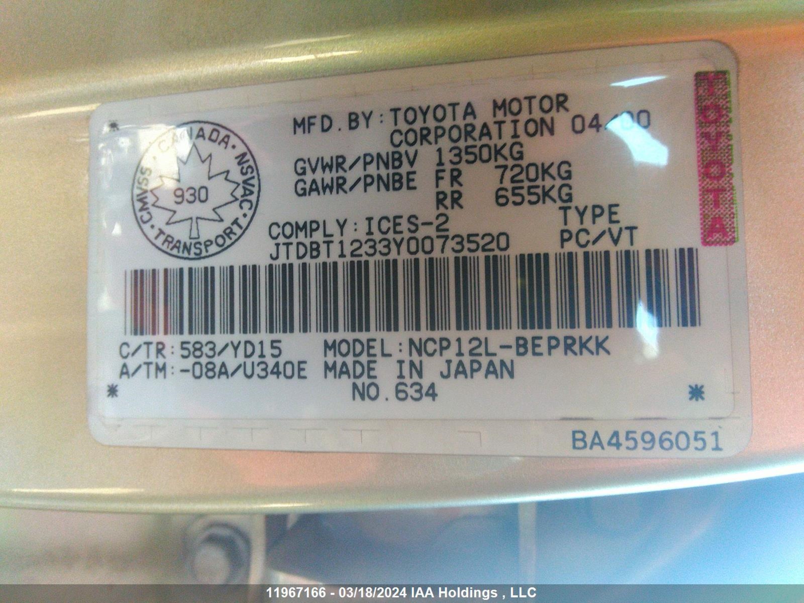 Photo 8 VIN: JTDBT1233Y0073520 - TOYOTA ECHO 