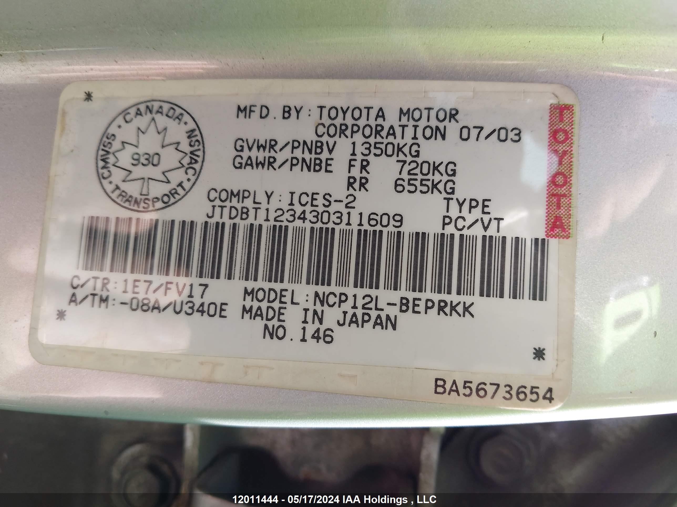 Photo 8 VIN: JTDBT123430311609 - TOYOTA ECHO 