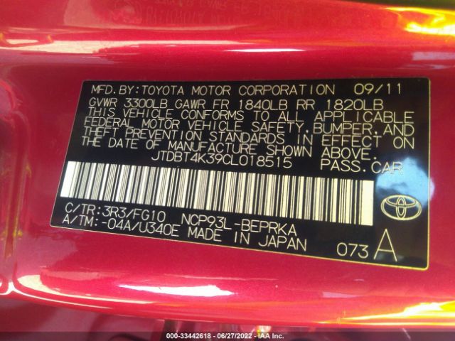 Photo 8 VIN: JTDBT4K39CL018515 - TOYOTA YARIS 