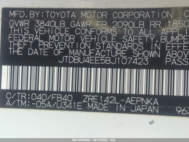 Photo 8 VIN: JTDBU4EE5BJ107423 - TOYOTA COROLLA 