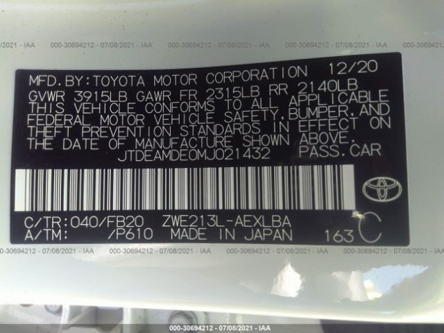 Photo 8 VIN: JTDEAMDE0MJ021432 - TOYOTA COROLLA 