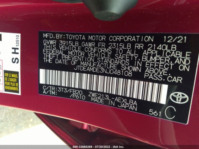 Photo 8 VIN: JTDEAMDE3NJ048108 - TOYOTA COROLLA 