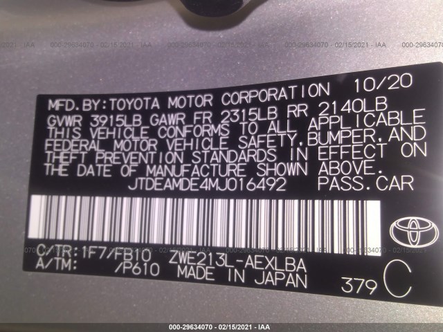 Photo 8 VIN: JTDEAMDE4MJ016492 - TOYOTA COROLLA 