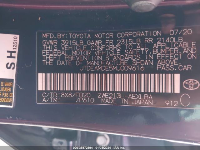 Photo 8 VIN: JTDEAMDE5MJ009616 - TOYOTA COROLLA 