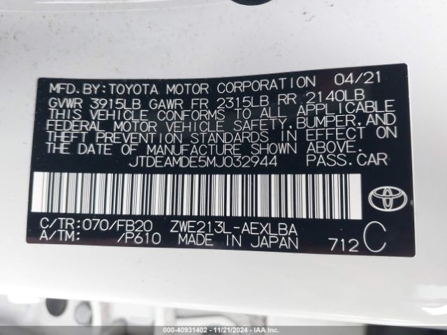 Photo 8 VIN: JTDEAMDE5MJ032944 - TOYOTA COROLLA 